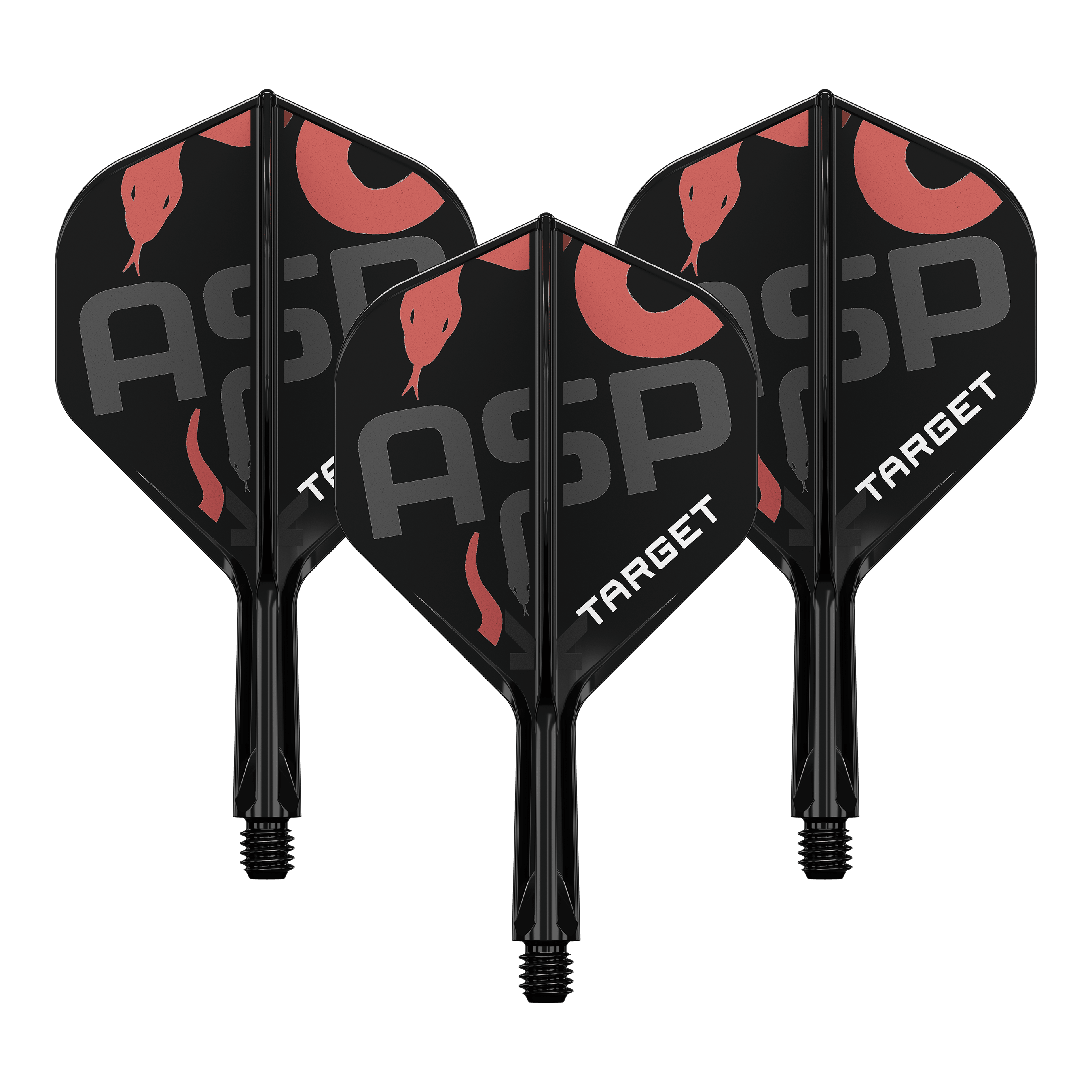Target K-Flex Nathan Aspinall No2 Standard Flight Shaft System Auf dem Bild sind drei schwarze Dartflights mit Schäften zu sehen. Die Flights tragen die Aufschrift "ASP" und "TARGET" sowie ein rotes Schlangenmotiv.