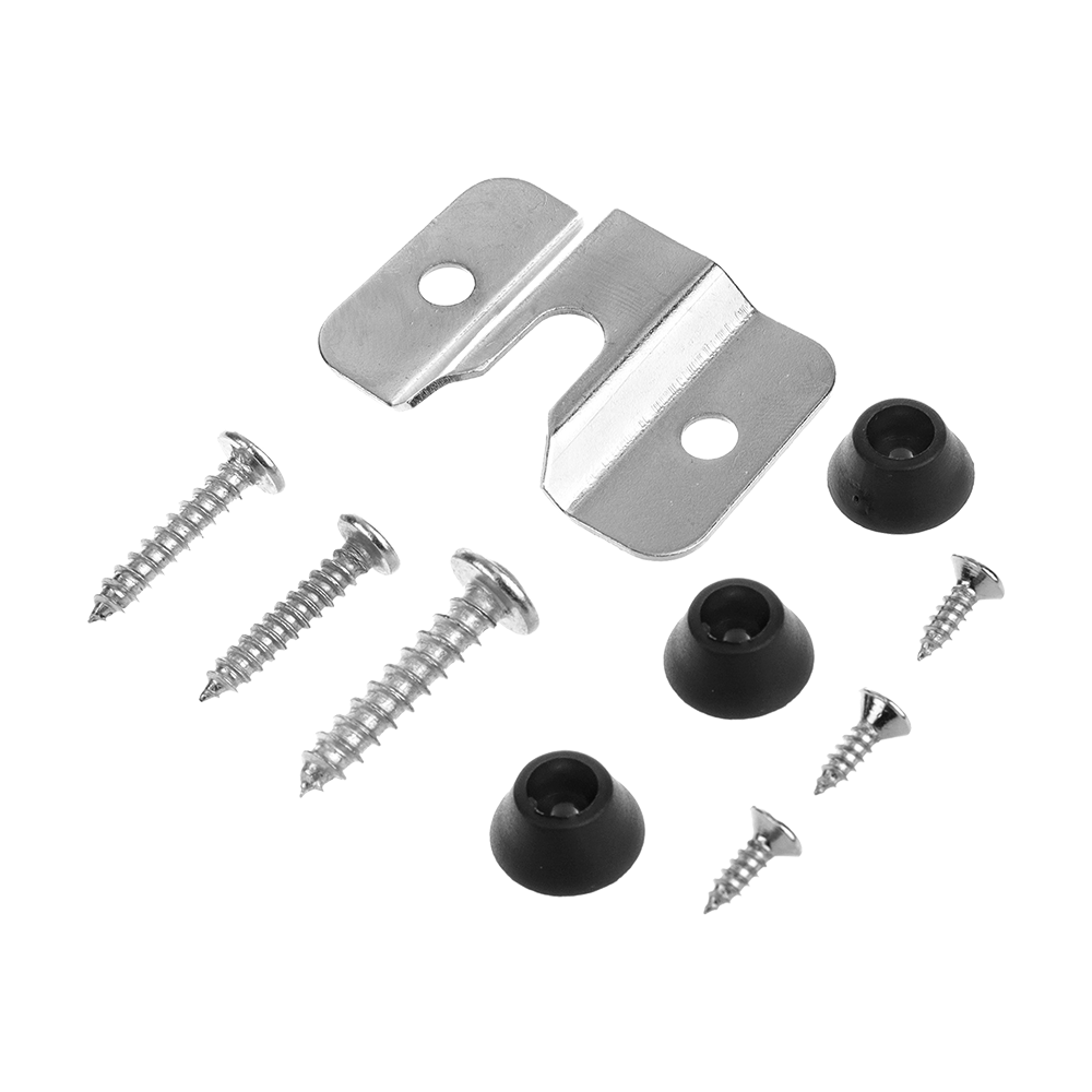 MCD19_QD8200630_McDart_Steeldartboard_Wandhalterung_1 Das Bild zeigt das XQMax Steeldartboard Wandhalterungs-Set. Es besteht aus einer Metallhalterung, Schrauben und schwarzen Gummipuffern.