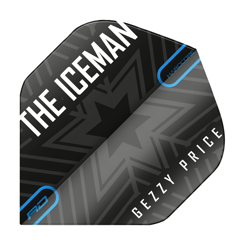 TF6479_Red_Dragon_Gerwyn_Price_Black_Grey_Snowflake_Logo_Standard_Flights_1 Das Bild zeigt ein Dartflight in Schwarz und Grau mit Schneeflocken-Design. Auf dem Flight stehen die Wörter "THE ICEMAN" und "GEZZY PRICE".