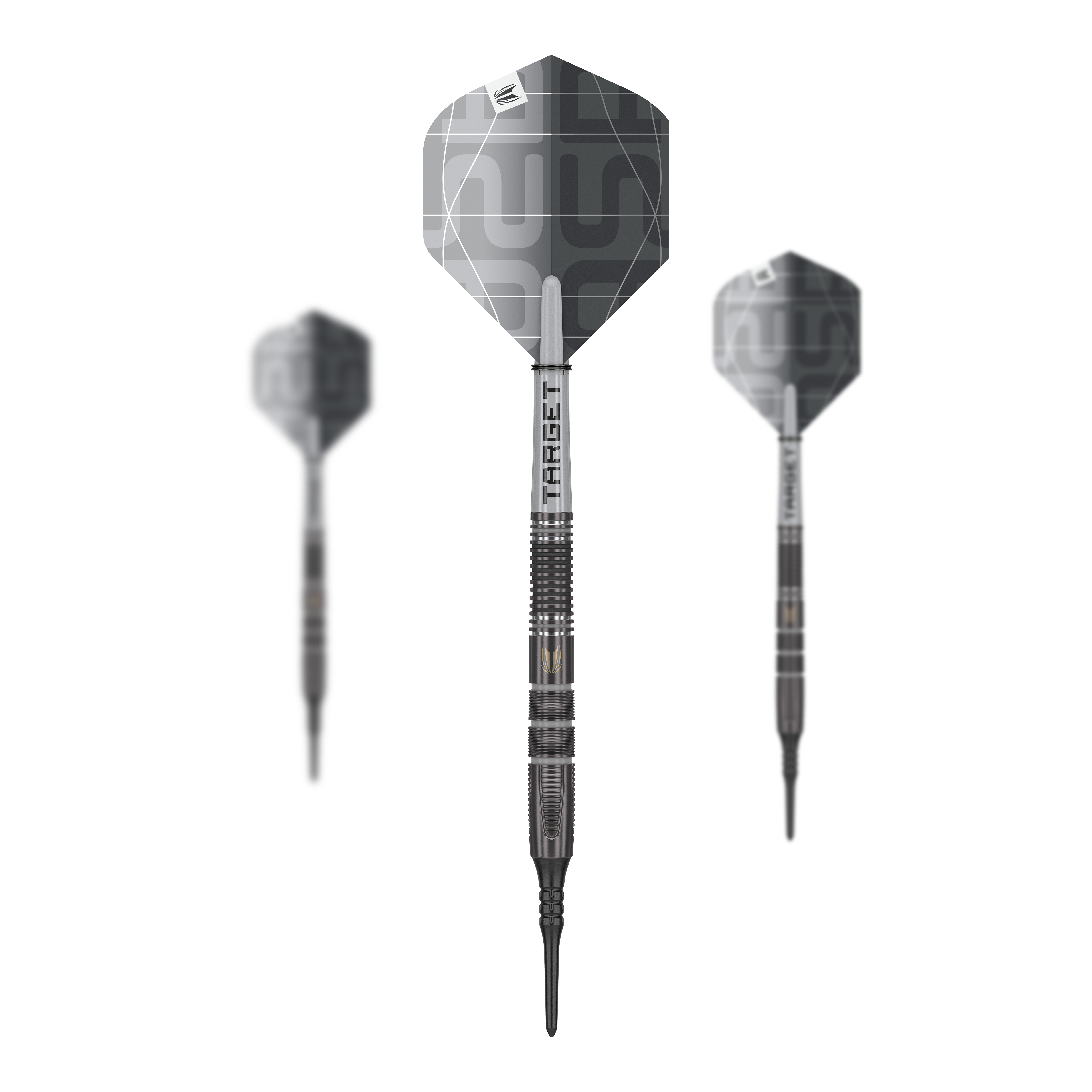 Target Nathan Aspinall X Echo Softdarts - 18g Das Bild zeigt drei Target Nathan Aspinall X Echo Softdarts mit einem Gewicht von 18g. Die Darts haben ein modernes, silbergraues Design und sind deutlich mit dem Markennamen "TARGET" beschriftet.