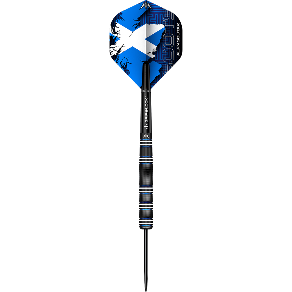 M001355_Mission_Alan_Soutar_Black_Titanium_Steeldarts_1loEiPNSzBIKeu Dies ist ein Steeldart der Marke Mission Alan Soutar Black Titanium mit einem Gewicht von 24g. Die Flights sind blau mit einem weißem Kreuz und schwarzen Mustern verziert.