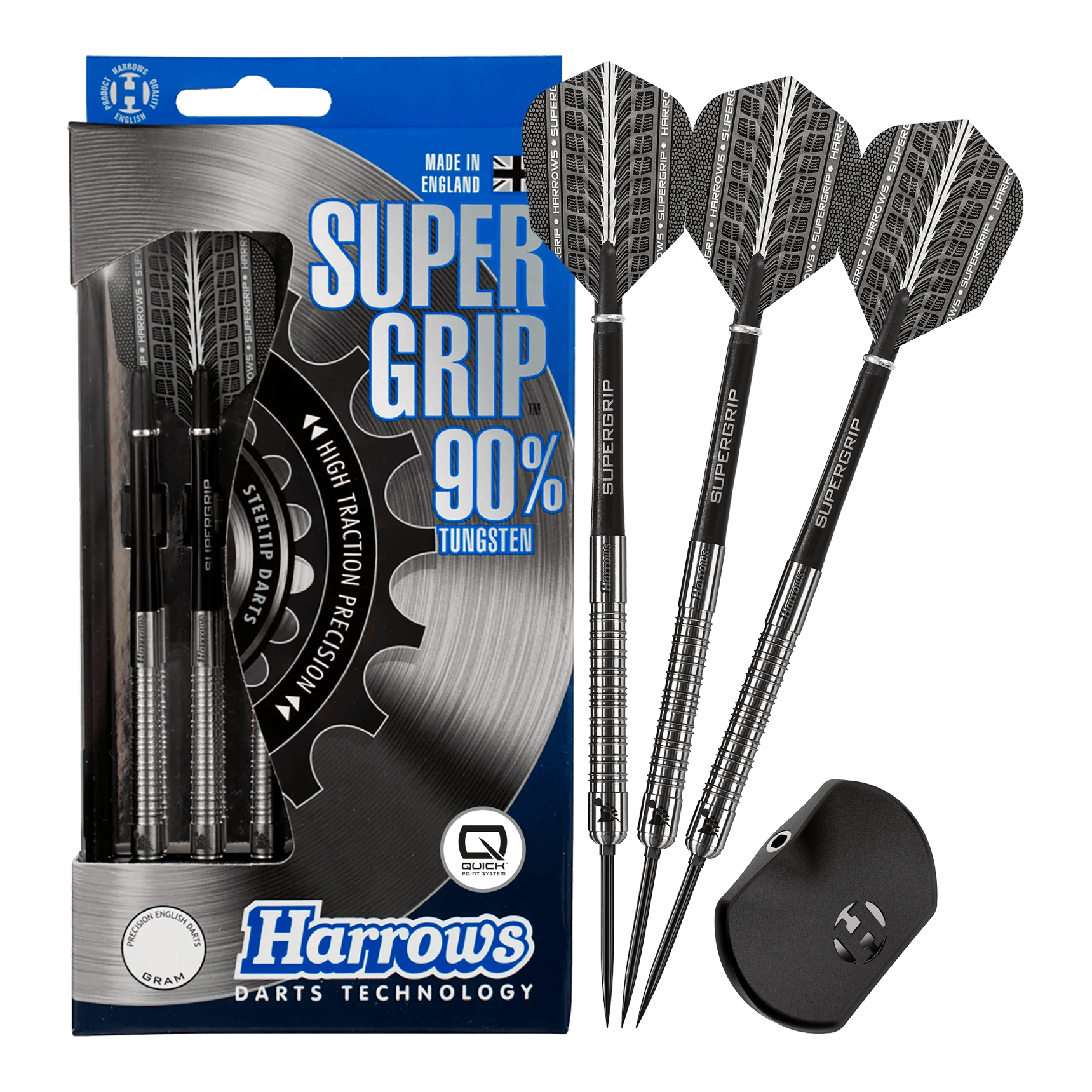 Harrows Supergrip 90 Quick Point Steel Darts Zu sehen sind Harrows Supergrip 90 Quick Point Steeldarts. Der Dart ist in voller Länge abgebildet.