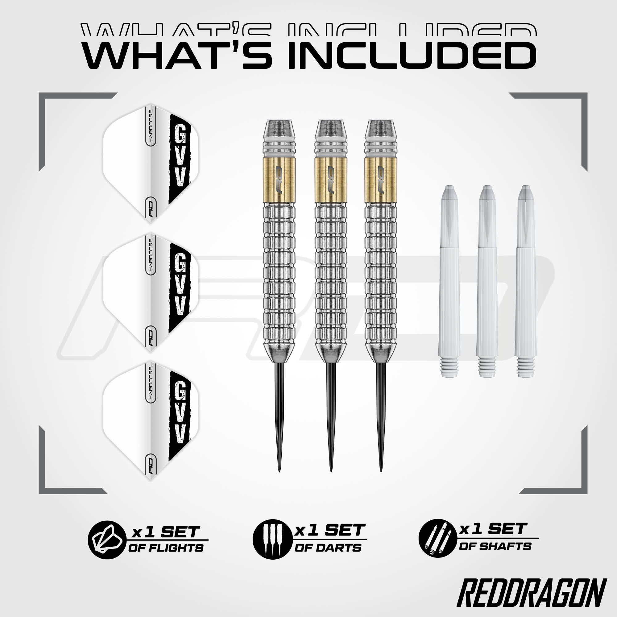 Red Dragon Gian Van Veen Brass Steeldarts - 21 g Hier sieht man die Red Dragon Gian Van Veen Brass Steeldarts - 21 g. Die Darts bestehen aus Messing und sind 21 g schwer.