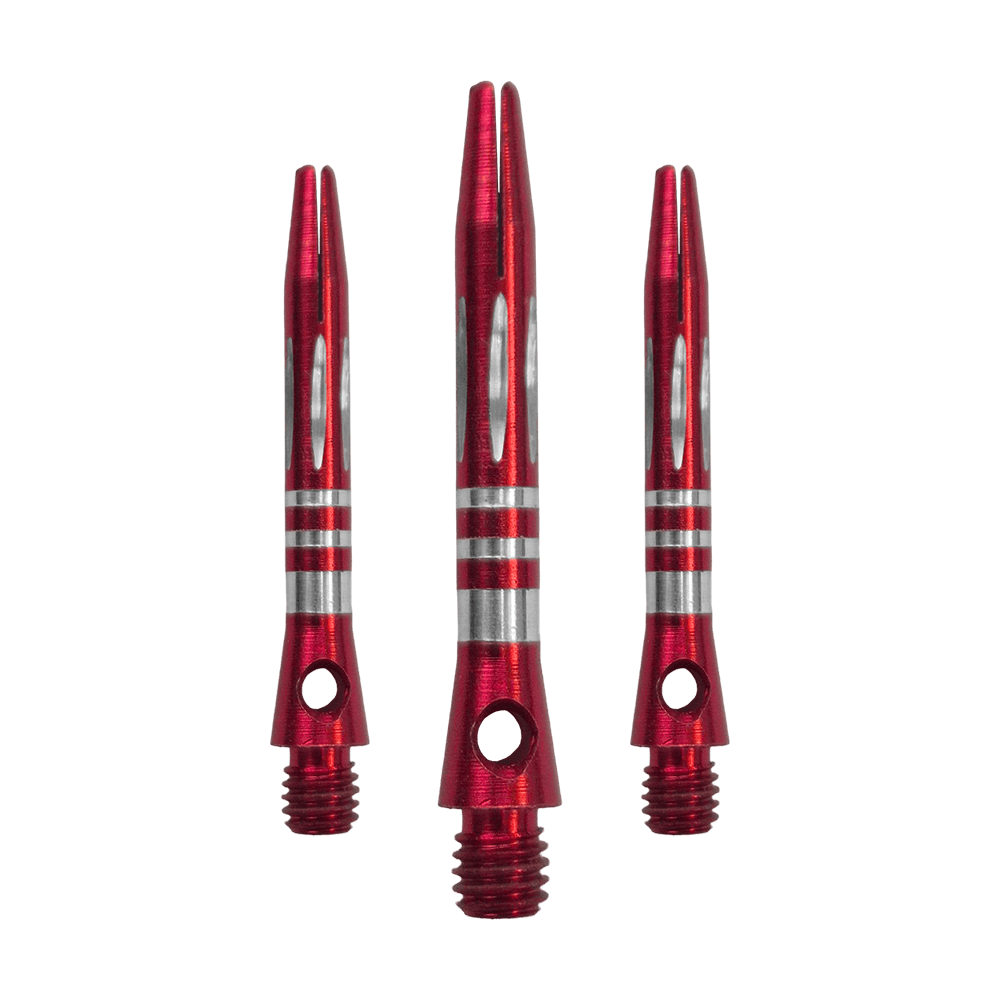 Das Bild zeigt ein Set der Ringed Diamond Cut Aluminium Shafts - Rot - 35 mm. Mehrere rote Aluminium-Dartschäfte liegen nebeneinander.