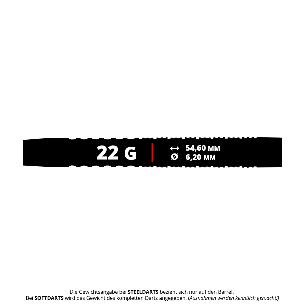 Red Dragon Tyrian Soft Darts - 22g Das Bild zeigt die technischen Daten der Red Dragon Tyrian Softdarts mit einem Gewicht von 22 Gramm. Die Länge beträgt 54,60 mm und der Durchmesser 6,20 mm.