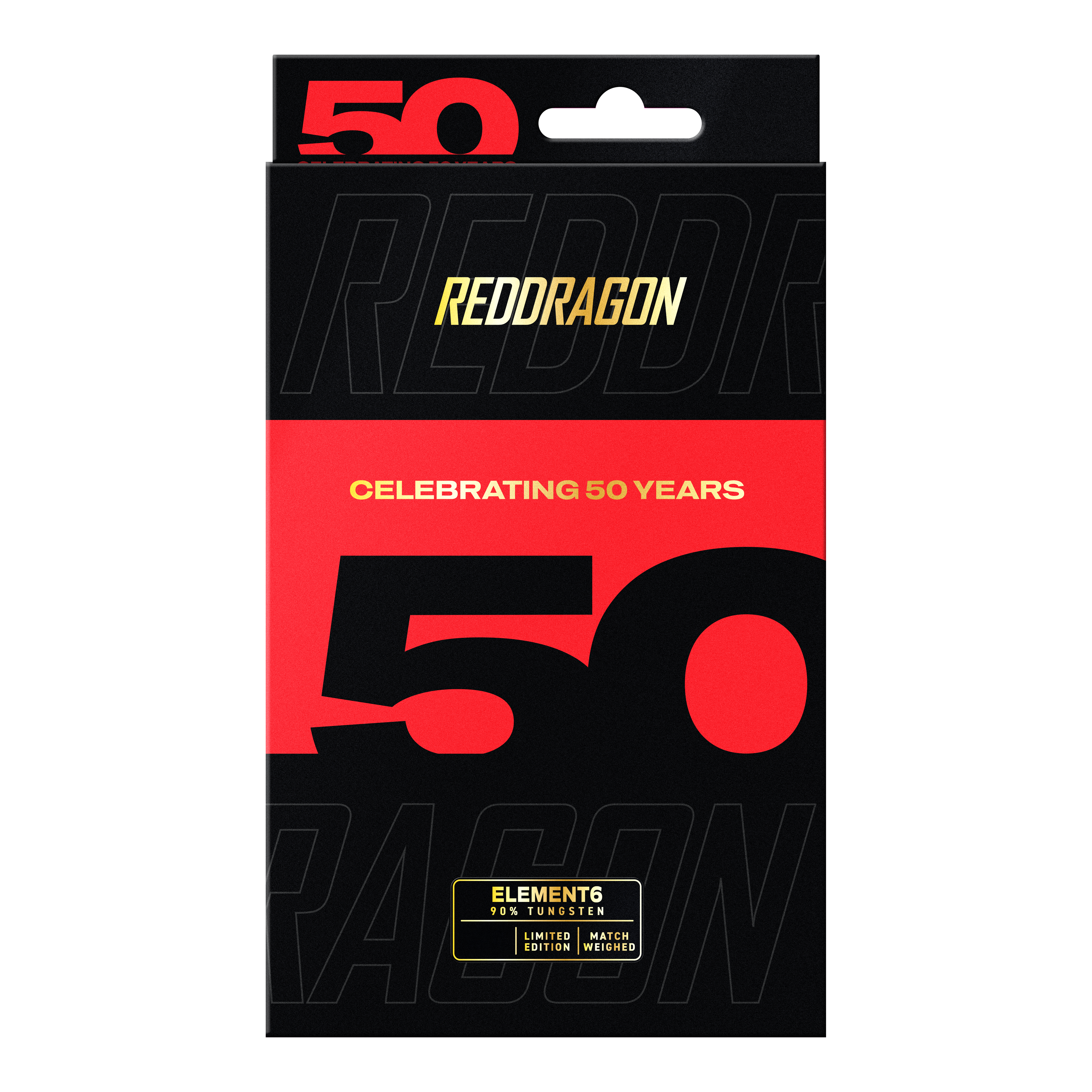 Red Dragon 50 Year Collection Element 6 C Steeldarts mit 25g Gewicht. Das Bild zeigt die Darts aus der limitierten 50 Jahre Kollektion.