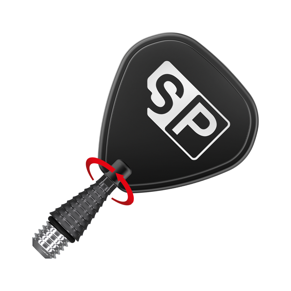 380172_Target_Titanium_Swiss_Point_Grooved_Conversion_Points_Schwarz_3 Das Bild zeigt eine schwarze Dartspitze mit einer schwarzen Flightscheibe, auf der die Buchstaben "SP" abgebildet sind. Ein roter Pfeil deutet eine Drehbewegung an der Spitze an.