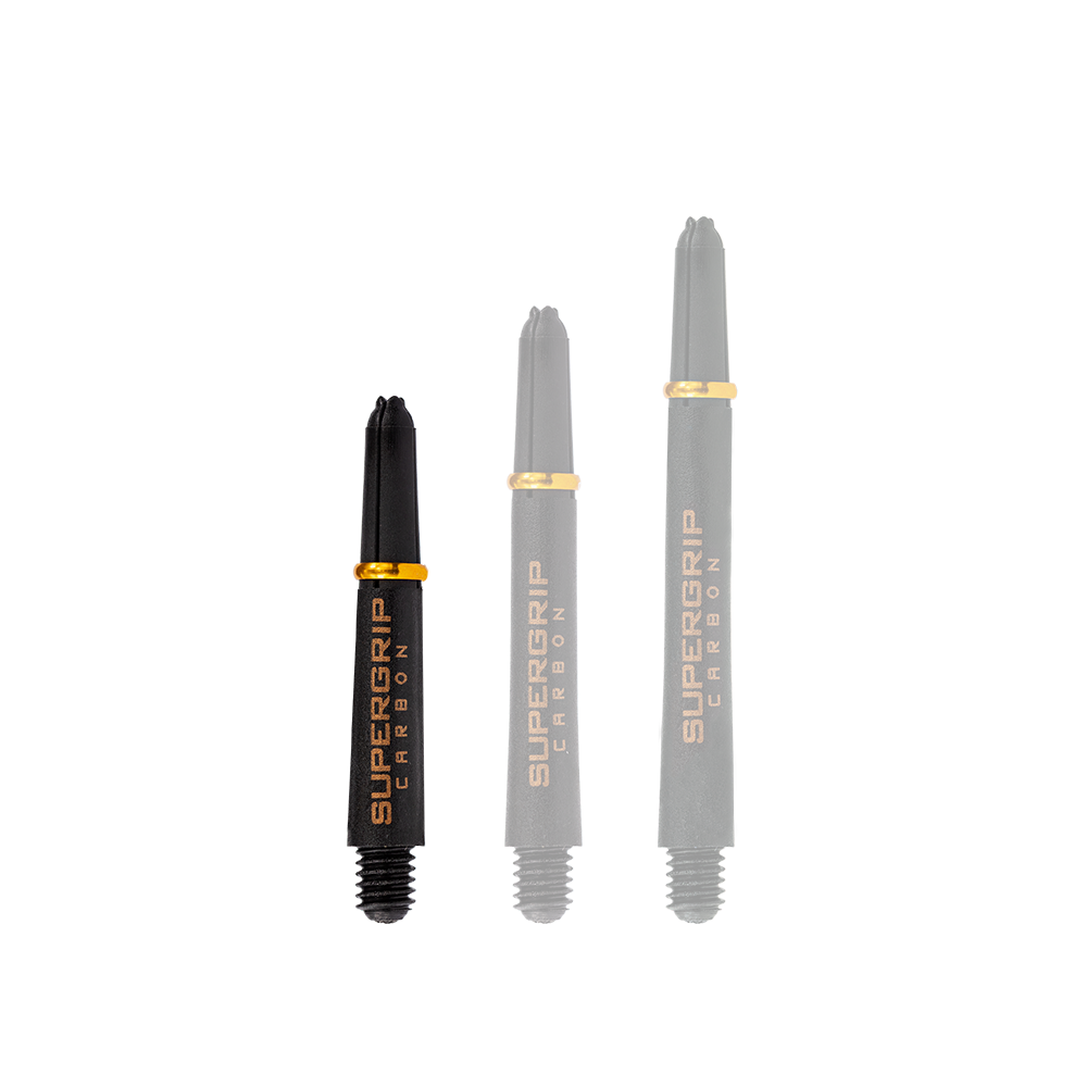 HR351_Harrows_Supergrip_Carbon_Shafts_Gold_33mm_1 Das Bild zeigt drei Harrows Supergrip Carbon Shafts in der Farbe Gold in unterschiedlichen Längen. Die Dartschäfte sind schwarz mit goldenen Akzenten und der Aufschrift "Supergrip Carbon".