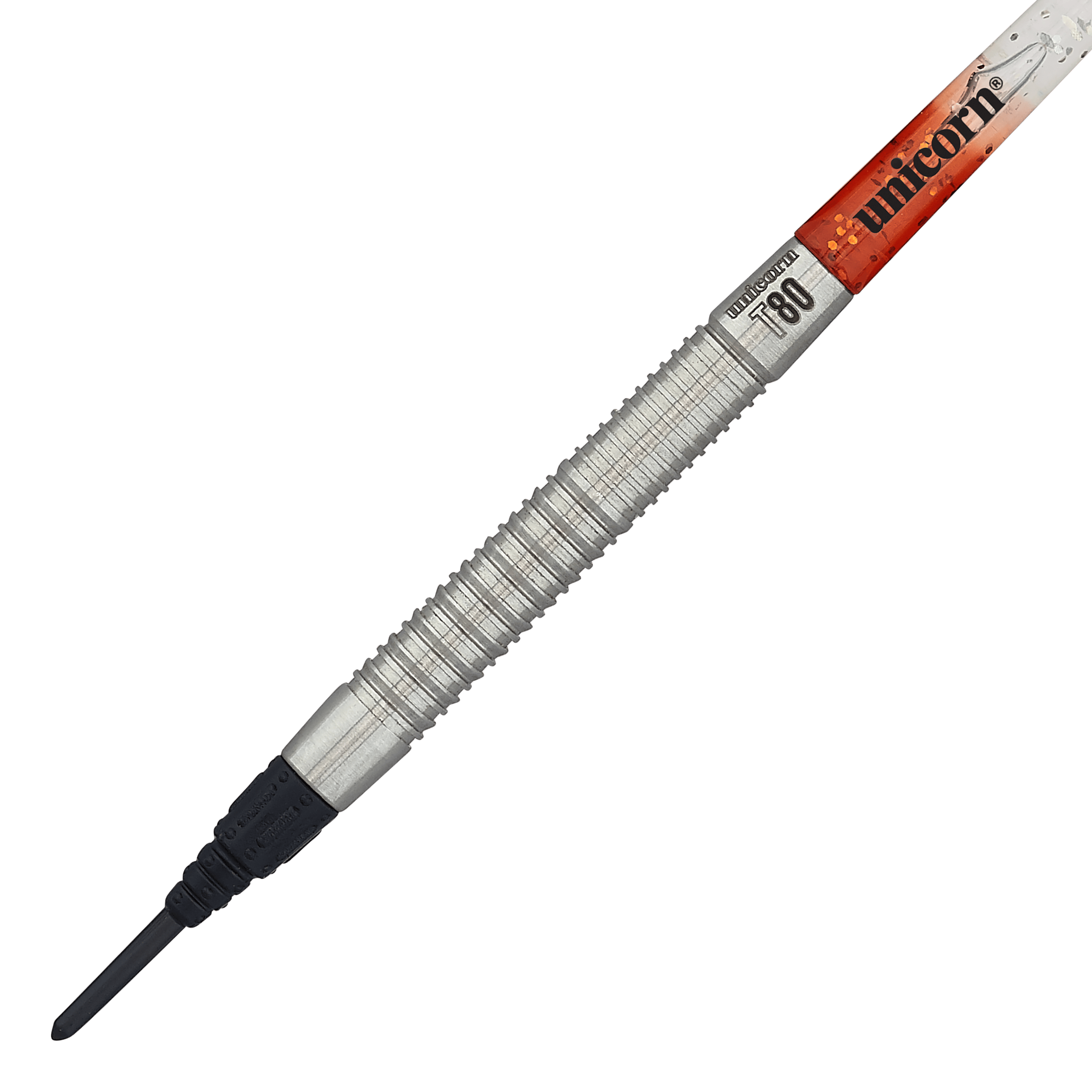 Unicorn Core XL Striker Style 1 Soft Darts - 19g Das Bild zeigt einen Unicorn Core XL Striker Style 1 Softdart mit 19 Gramm Gewicht. Der Dart hat einen silbernen, geriffelten Griff und eine schwarze Softspitze.