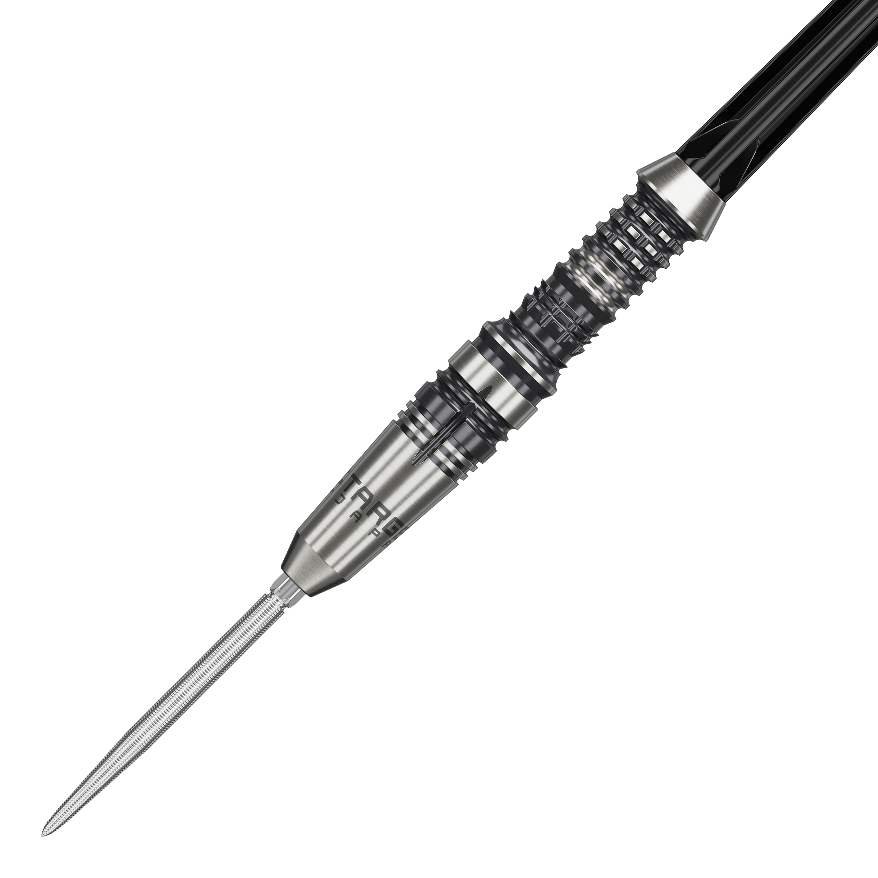 Target Japan Black Marque Heracles Steeldarts Das Bild zeigt einen Target Japan Black Marque Heracles Steeldart. Der Dart hat ein silbernes, fein geriffeltes Design mit schwarzen Akzenten.
