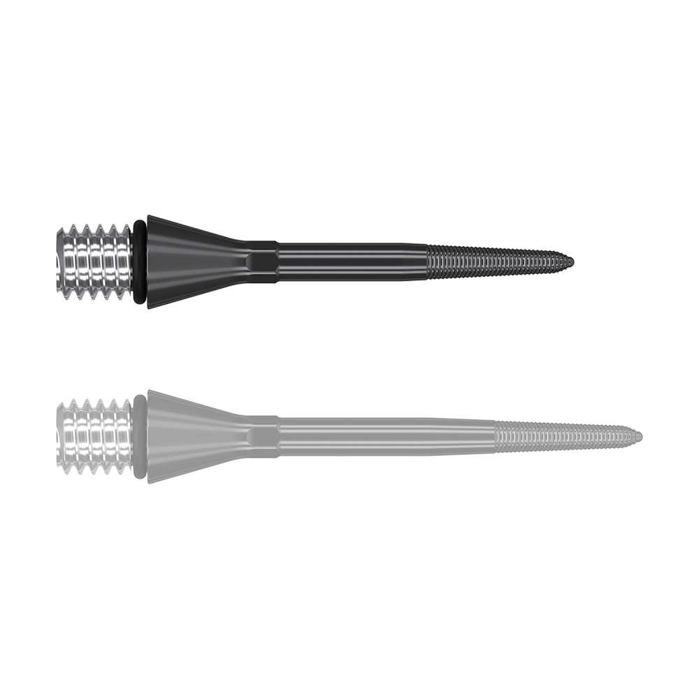 380160_Target_Titanium_Swiss_Point_Nano_Conversion_Points_Schwarz_26mm_1sPIRzikQ81TQh Das Bild zeigt zwei schwarze, spitze Metallaufsätze mit einem Schraubgewinde am breiten Ende. Sie liegen parallel nebeneinander auf weißem Hintergrund.