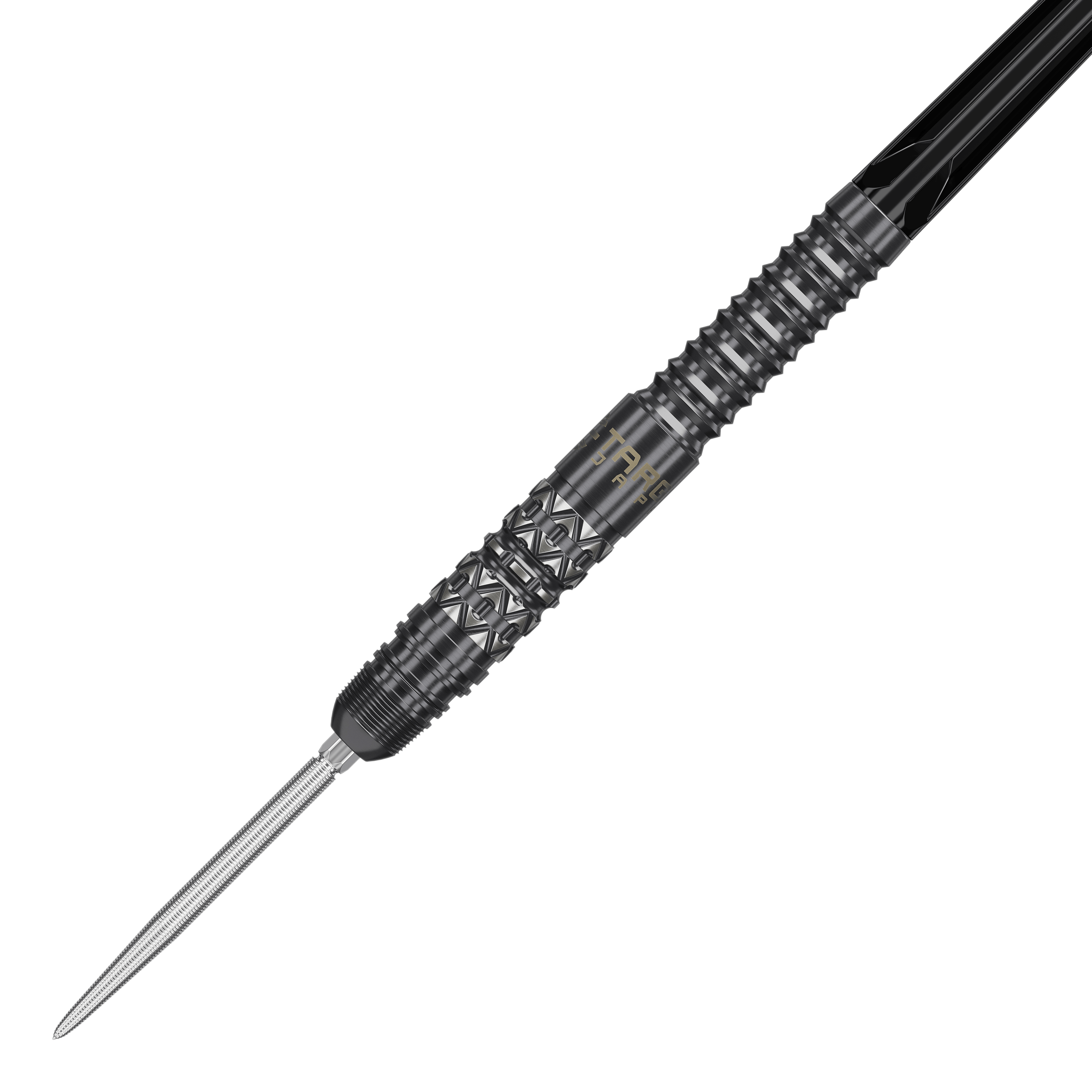 Target Japan Black Marque Creed Swiss Point Steeldarts - 23g sind dargestellt. Sie zeichnen sich durch ihre schwarze Optik und das praktische Wechselspitzen-System aus.