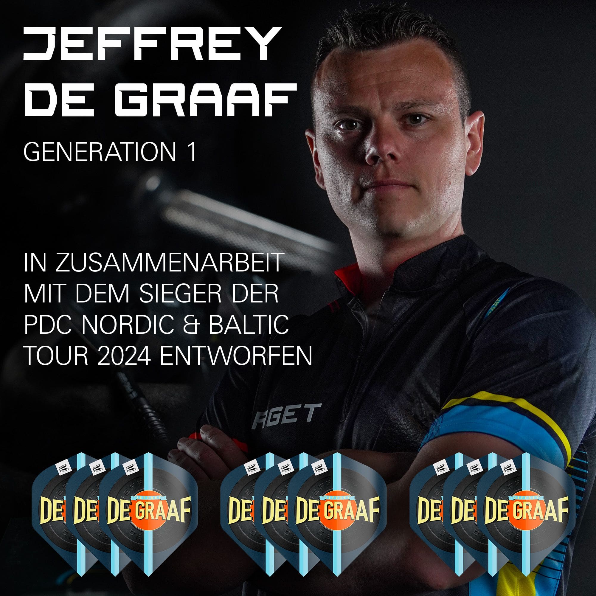Das Bild zeigt Jeffrey de Graaf neben dem Produkt "Target Pro Ultra Jeffrey De Graaf GEN1 No2 Standard Flights - 3 Sets". Unten im Bild sind die drei Sätze der Flights mit dem Aufdruck "DE GRAAF" zu sehen.