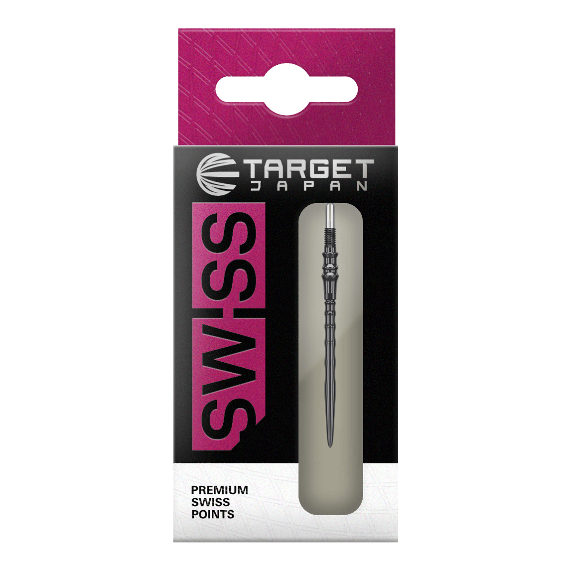 Das Bild zeigt die Target Japan Premium Swiss Point Steldartspitzen - Schwarz. Es handelt sich um hochwertige Steeldartspitzen für präzises Dartspiel.