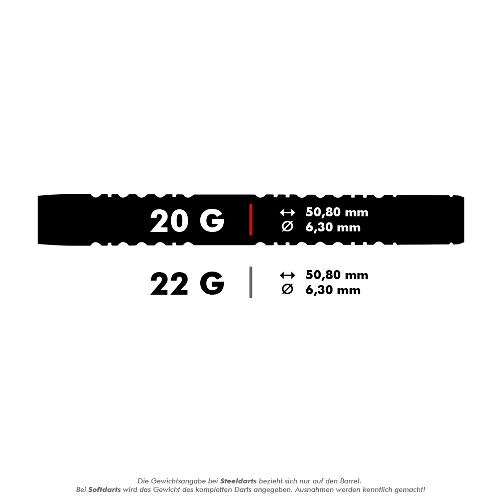 Das Bild zeigt die Produktdetails der Winmau Michael Van Gerwen MvG Absolute Softdarts. Die Darts wiegen 20 Gramm und haben eine Länge von 50,80 mm sowie einen Durchmesser von 6,30 mm.
