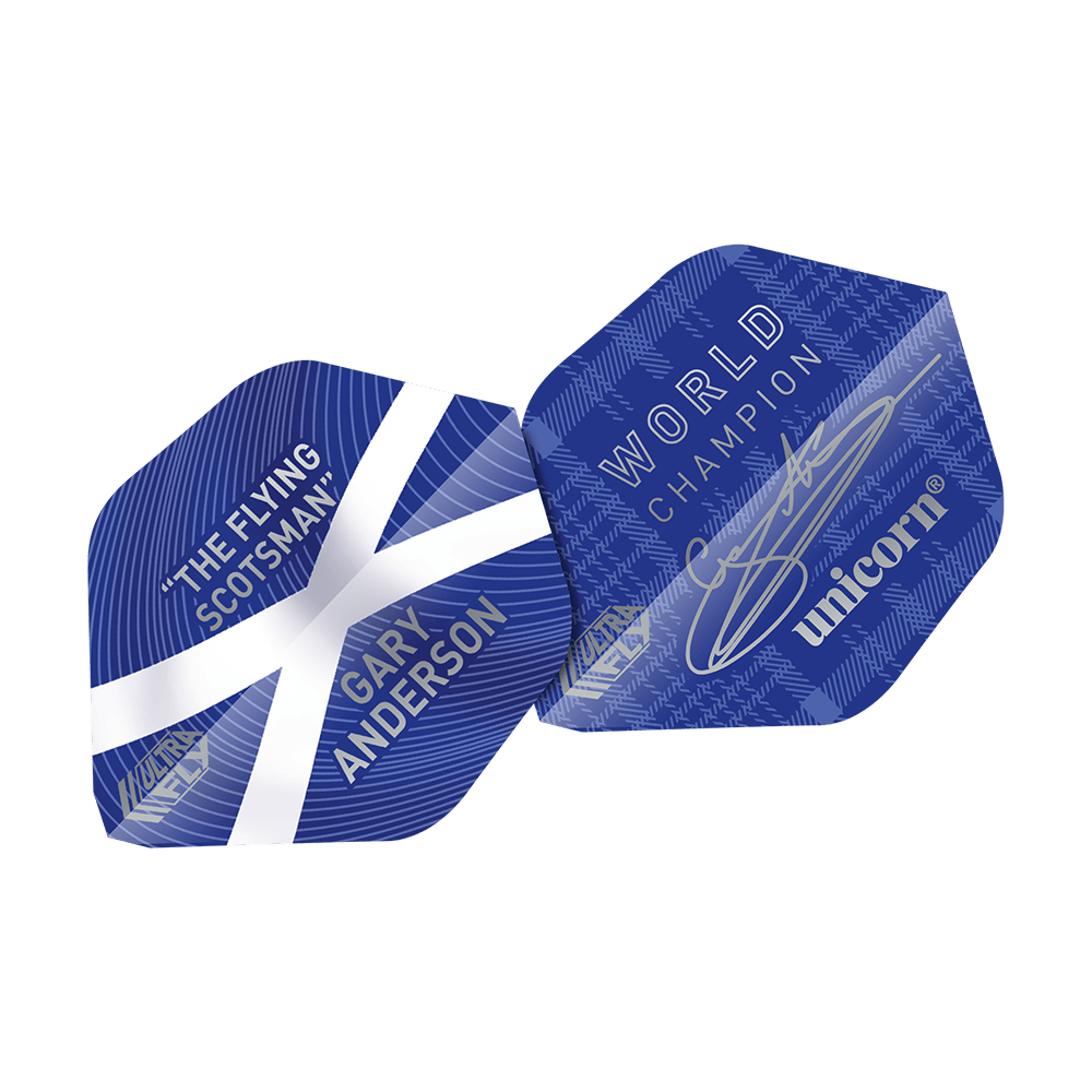 UN18_69040_Unicorn_UltraFly75_Gary_Anderson_World_Champion_AR1_Flights_2 Das Bild zeigt die blauen Dart-Flights "Unicorn Ultra Fly 75 Gary Anderson World Champion AR1". Auf den Flights stehen die Aufschriften "THE FLYING SCOTSMAN", "GARY ANDERSON" und "WORLD CHAMPION" sowie das Unicorn-Logo.