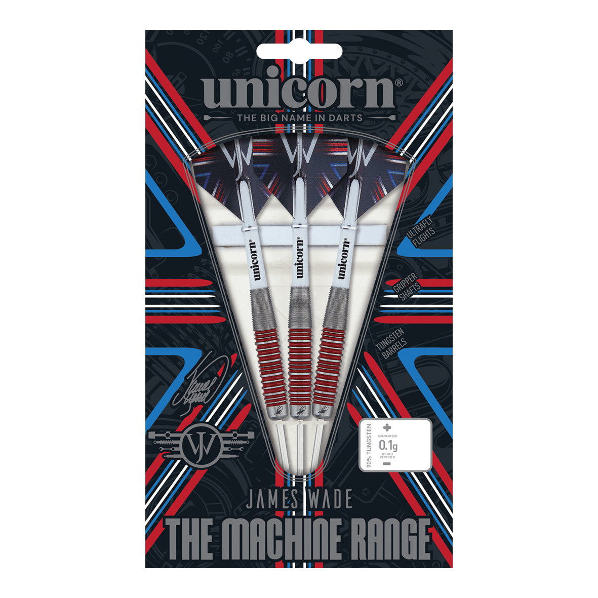 Das Bild zeigt eine Verpackung mit drei Steeldarts der Marke "Unicorn" aus der "James Wade The Machine Range". Die Darts bestehen zu 90% aus Tungsten und haben rote und silberne Akzente.