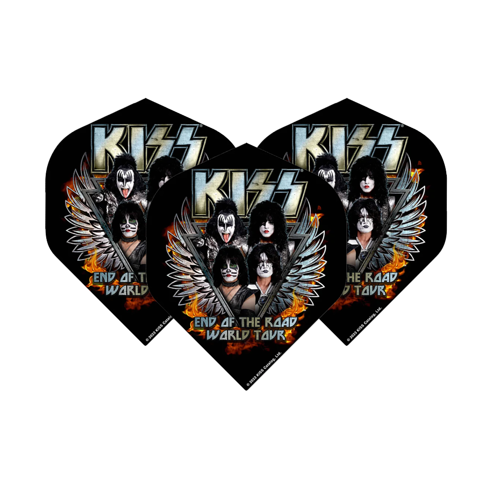 Das Bild zeigt drei Standard-Flights für Dartpfeile mit dem Motiv der Band KISS und dem Schriftzug "End of the Road World Tour". Auf den Flights sind die Bandmitglieder mit ihrem typischen Make-up und Flügeln abgebildet.