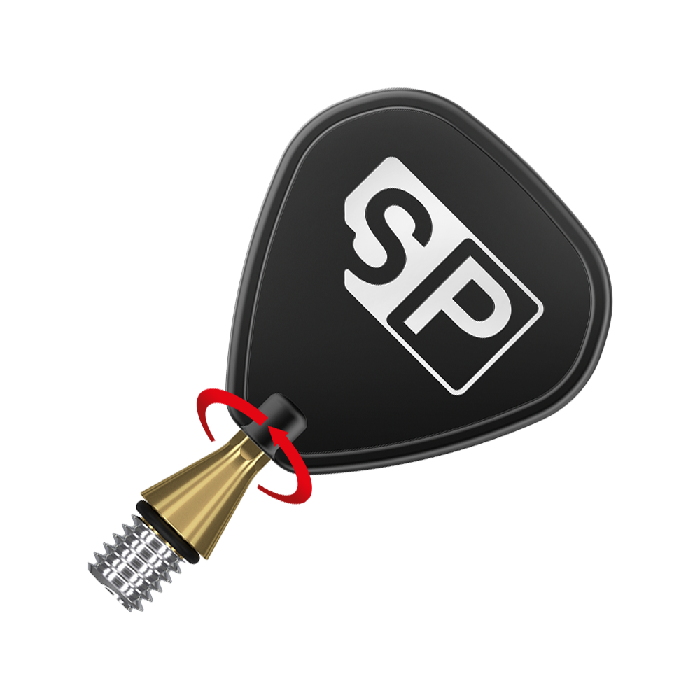 Das Bild zeigt die Target Swiss Point Nano Conversion Points in Goldfarbe. Im Vordergrund ist die goldene Spitze mit einem schwarzen Flight und dem weißen "SP"-Logo zu sehen.