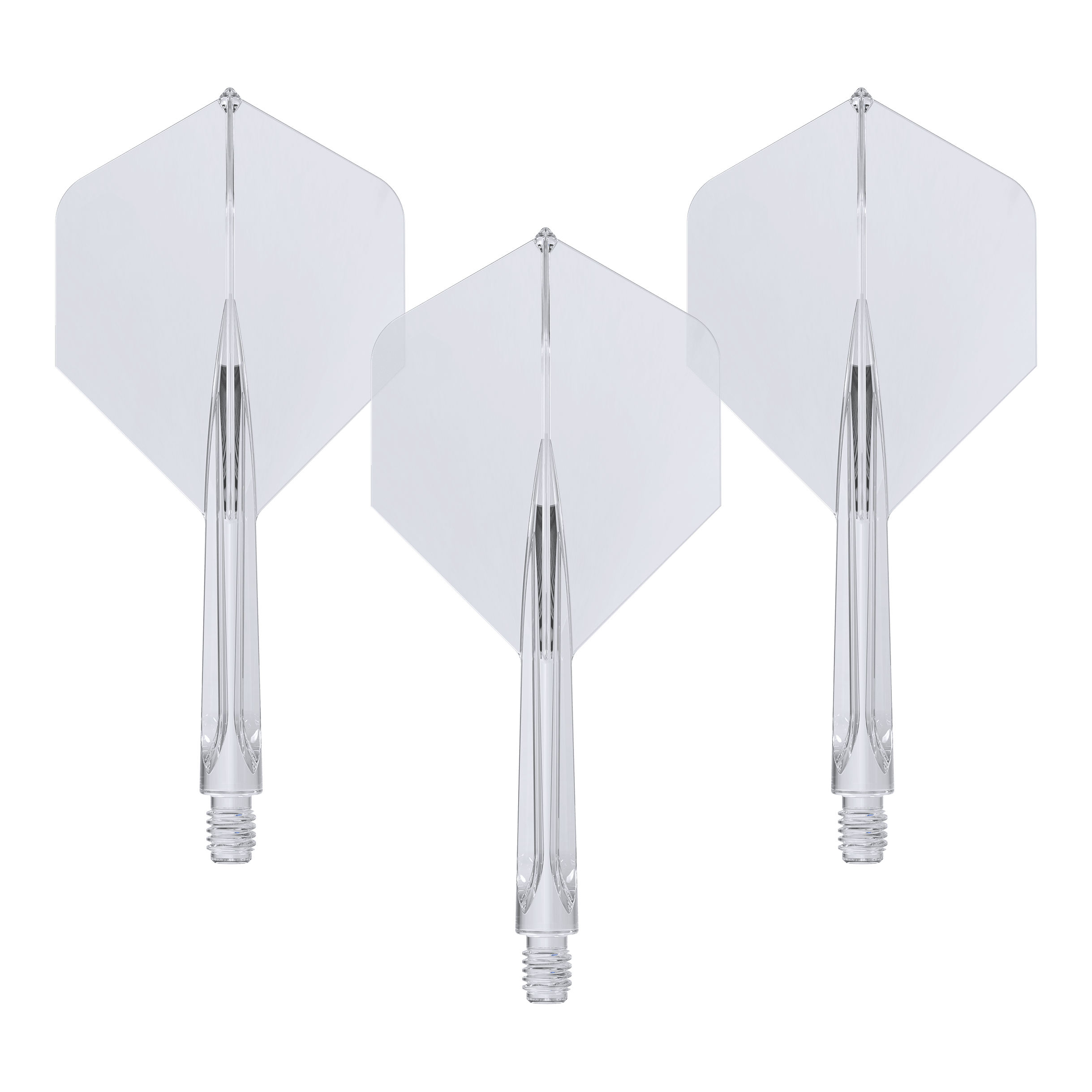 Das Bild zeigt drei klare, mittellange Unicorn Forge All In One Plus No2 Standard Flights. Sie sind durchsichtig und haben eine integrierte Flight- und Schaft-Konstruktion.