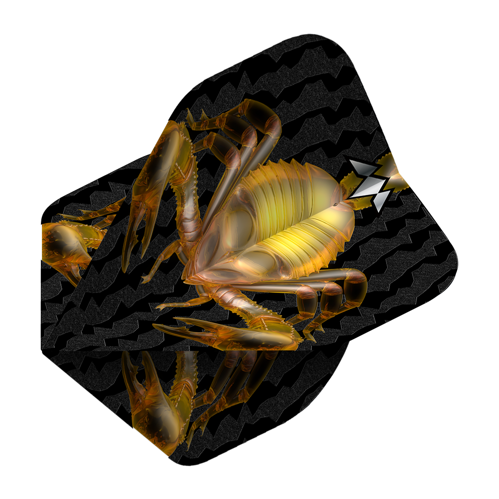 Das Bild zeigt ein schwarzes Dartflugblatt mit einem goldenen Skorpion-Design in der Mitte. Im Hintergrund sind wellenförmige Muster zu sehen.