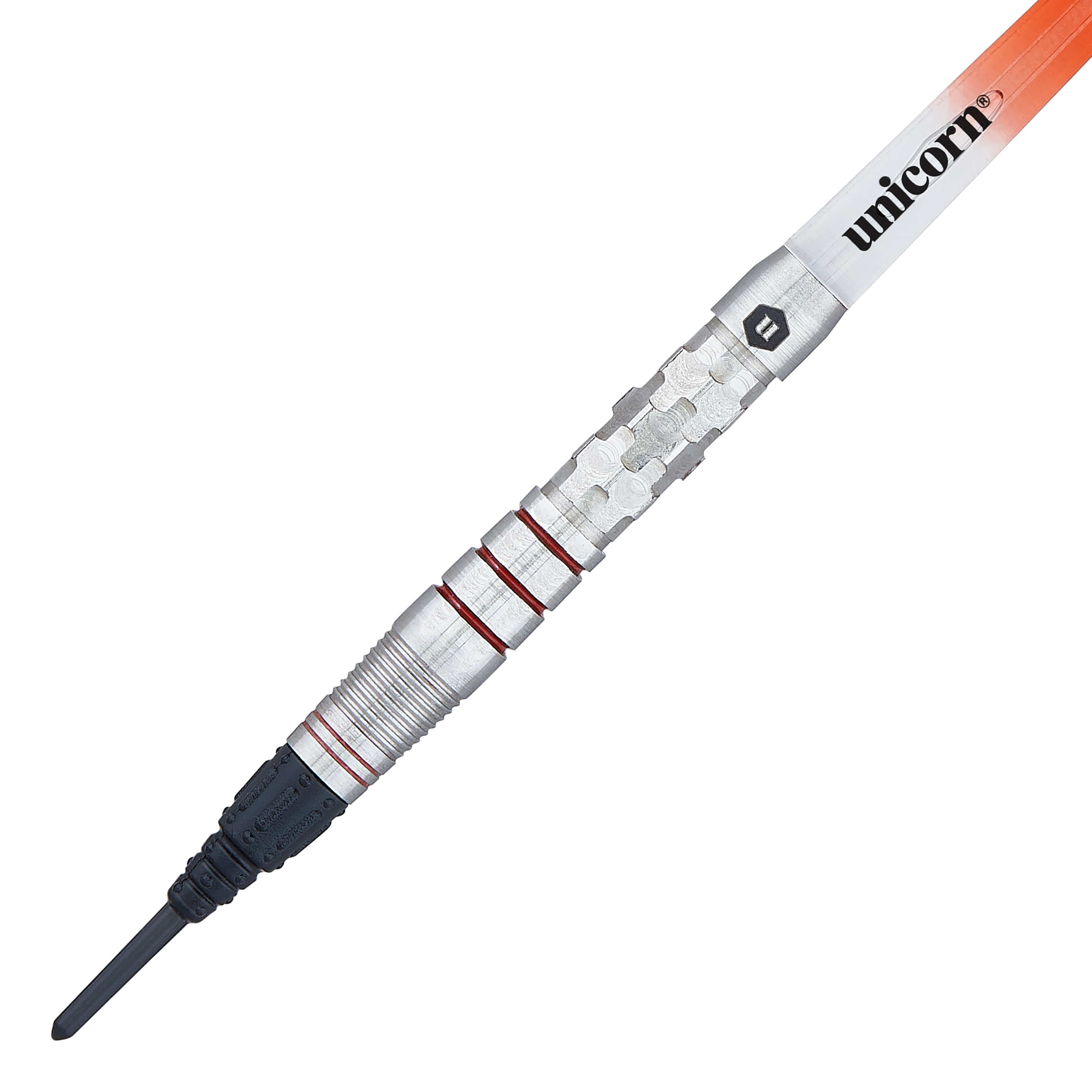 Unicorn Ballista Style 3 soft darts Das Bild zeigt einen Unicorn Ballista Style 3 Softdart. Der Dart hat ein silbernes Barrel mit roten Ringen und einer schwarzen Softspitze.