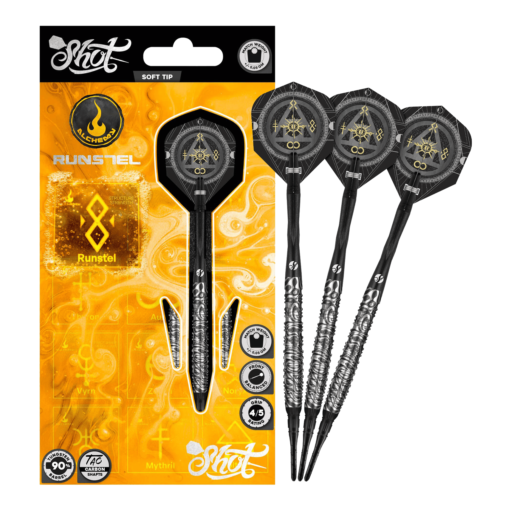 Shot Alchemy Runstel Soft Darts - 20g Das Bild zeigt die Shot Alchemy Runstel Softdarts mit 20 Gramm Gewicht. Die Darts sind vollständig und detailliert abgebildet.