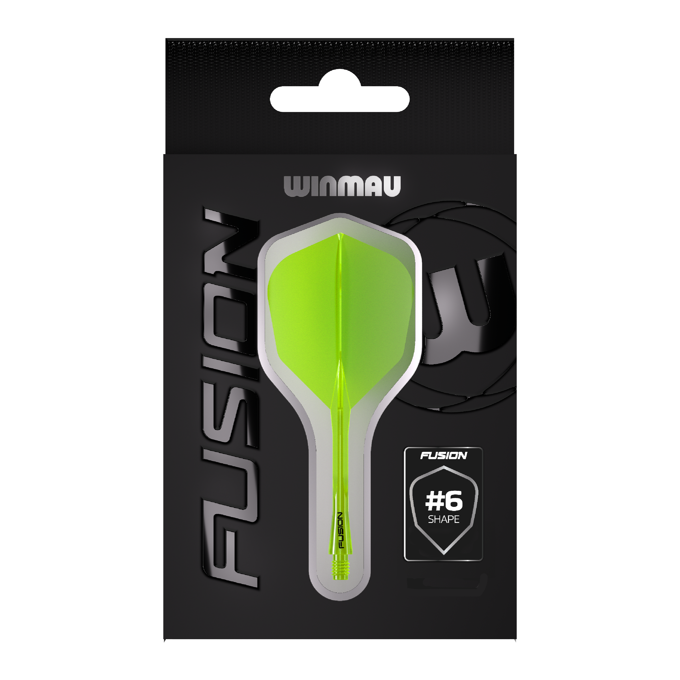 Winmau Fusion Flight Shaft System No6 Neon Yellow Auf dem Bild ist eine Packung Winmau Fusion Flight Shaft System in Neon-Gelb zu sehen. In der Mitte der Verpackung befindet sich ein Flightsystem in Form #6.