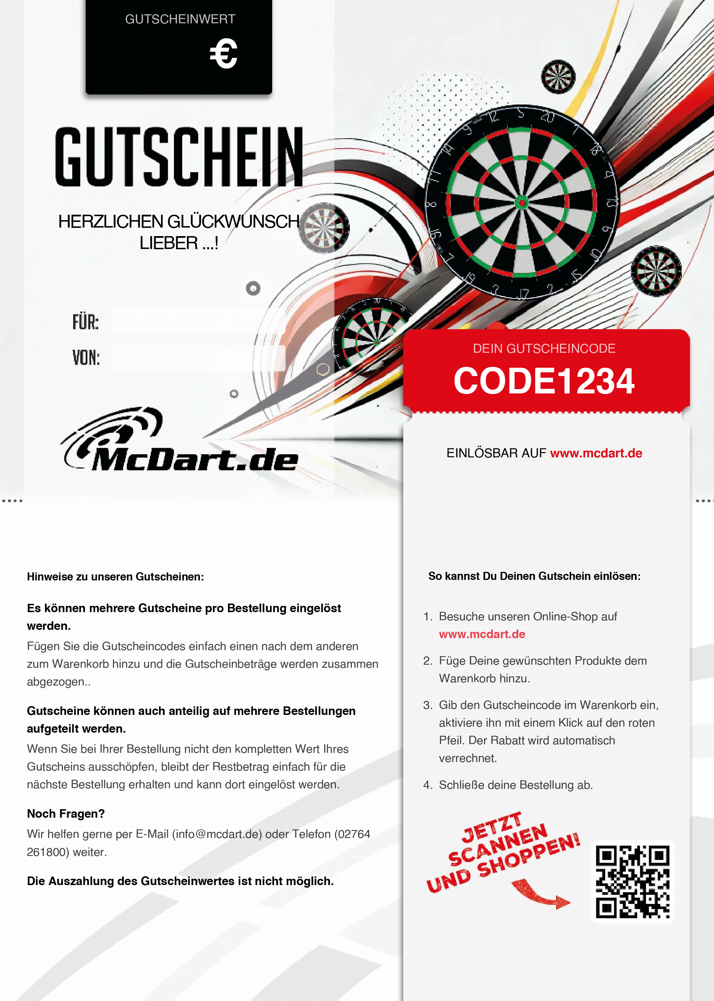Voucher - Dartboards Das Bild zeigt einen Gutschein für Dartboards von McDart.de mit einem individuellen Gutscheincode. Im Design sind mehrere Dartboards sowie Hinweise zur Einlösung des Gutscheins abgebildet.