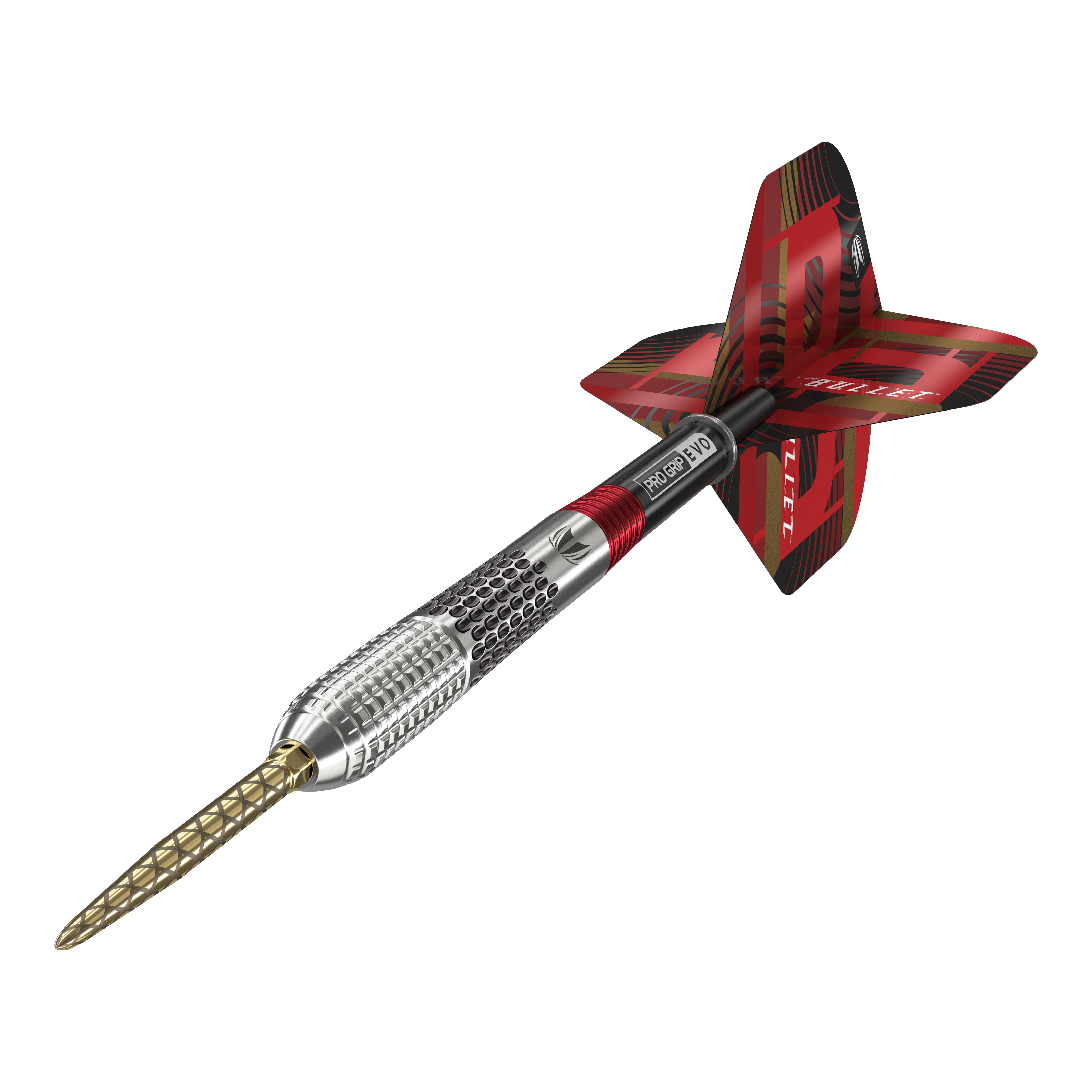 Target Stephen Bunting GEN5 Swiss Point Steel Darts Das Bild zeigt einen Target Stephen Bunting GEN5 Swiss Point Steeldart. Der Dartpfeil hat ein auffälliges Design mit silbernem Schaft, goldener Spitze und roten Flights.