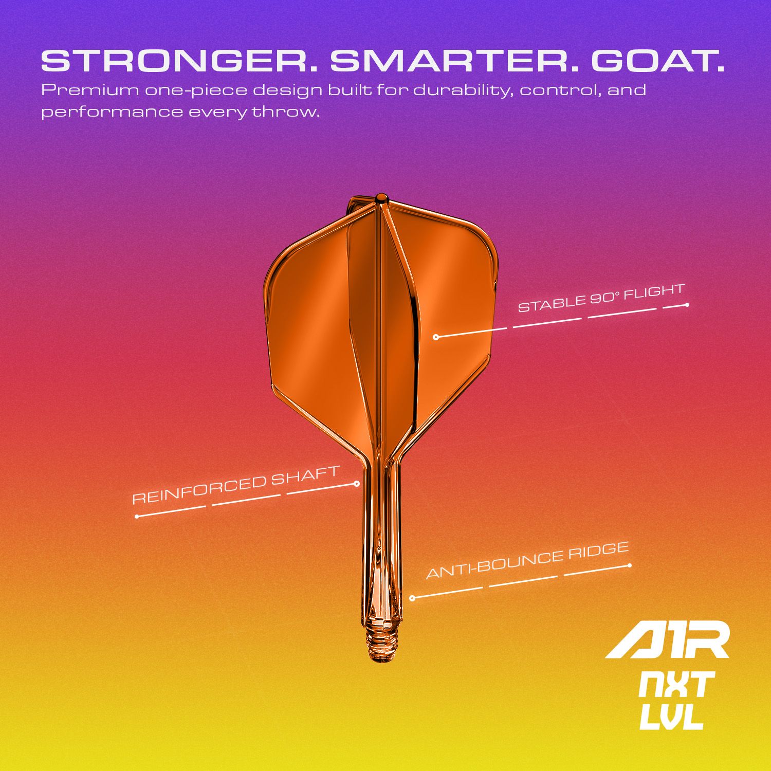 GOAT A1R No6 Flight Shaft System - Neon Orange Das GOAT A1R No6 Flight-Shaft-System in Neon Orange ist auf diesem Bild abgebildet. Die farbenfrohe Gestaltung macht es besonders ansprechend für Dartspieler.