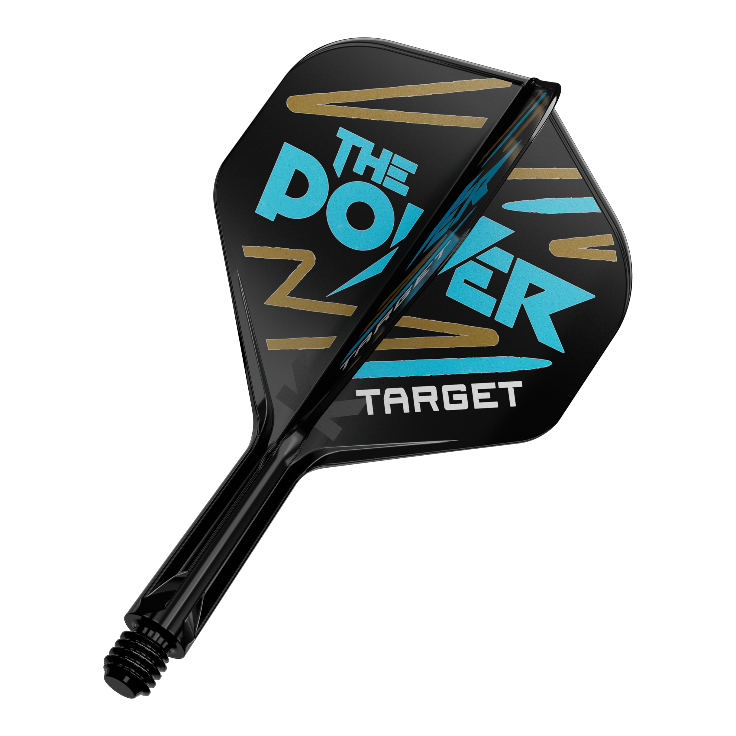 Target K-Flex Phil Taylor No2 Standard Flight Shaft System Das Bild zeigt einen schwarzen Dartflight mit der Aufschrift "THE POWER" in blauer Farbe. Darunter steht das Wort "TARGET" in weißer Schrift.