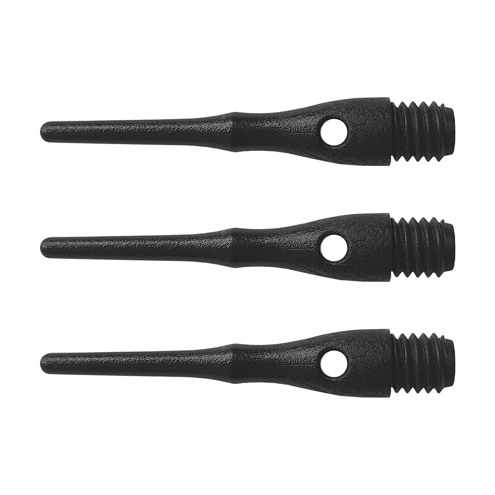 897_Premium_Home_Points_100erPack_1 Das Bild zeigt drei schwarze Premium Home Points mit Schraubgewinde. Sie sind in einer Reihe angeordnet und dienen als Ersatzspitzen für Softdarts.