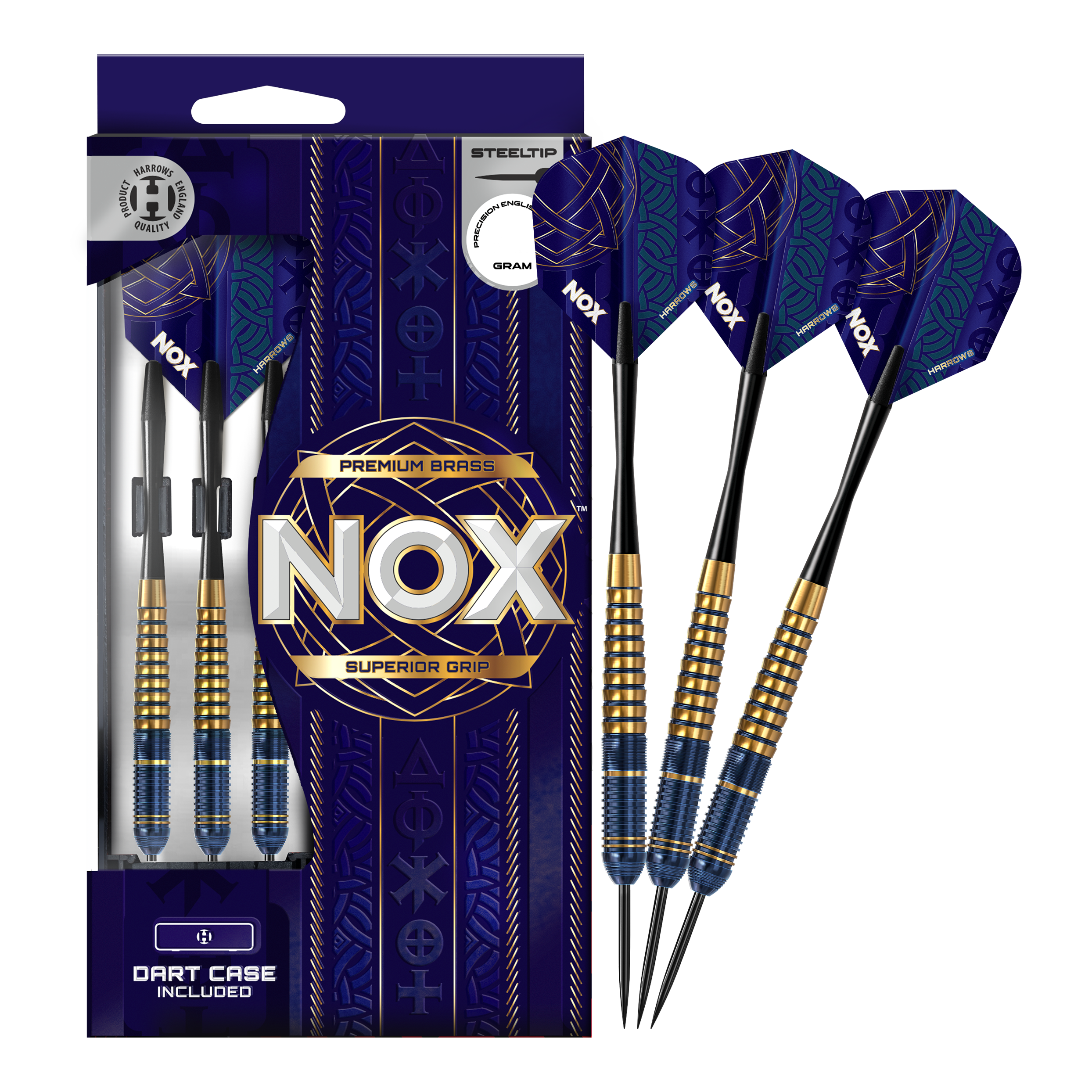 Abgebildet sind die Harrows Nox Premium Brass Steeldarts. Dieses Produkt zeichnet sich durch hochwertige Verarbeitung aus.