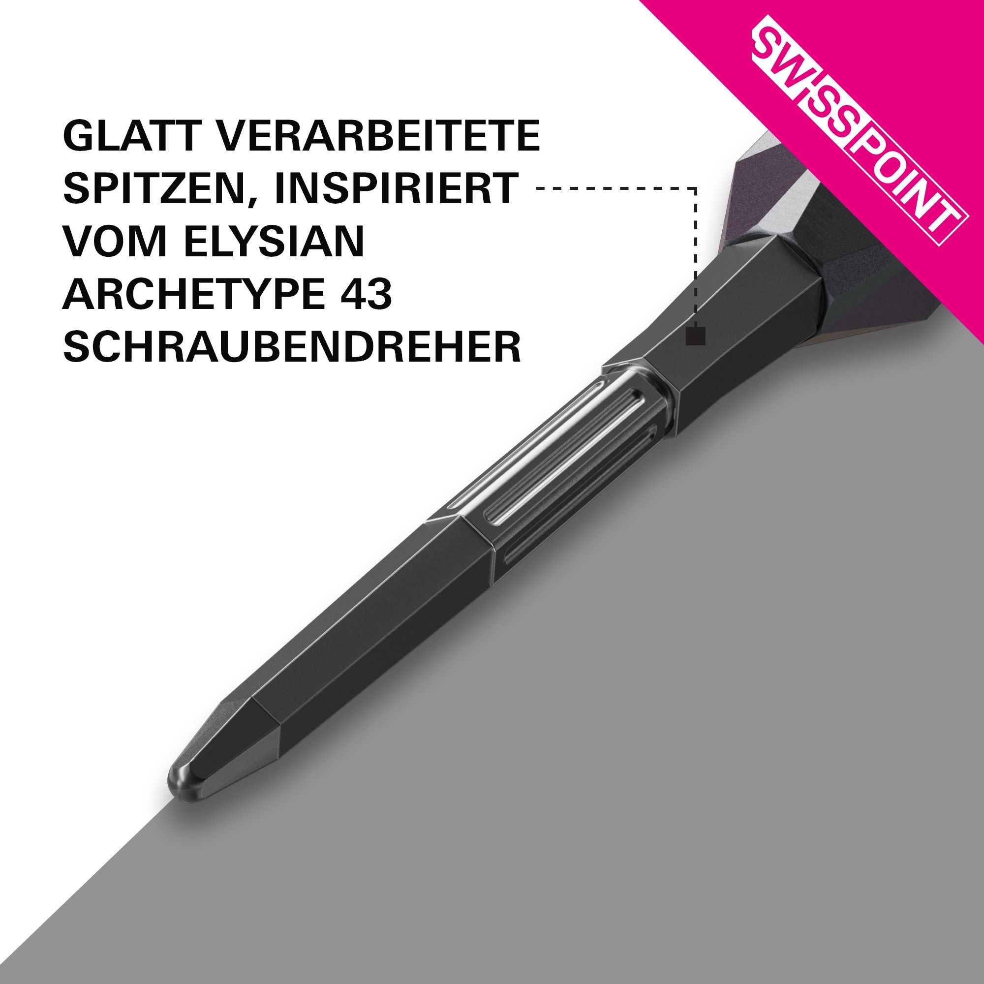 Die Target Elysian Archetype 43 Swiss Point Steeldartspitzen in Schwarz sind dargestellt. Sie eignen sich hervorragend für präzise Würfe beim Dartspiel.