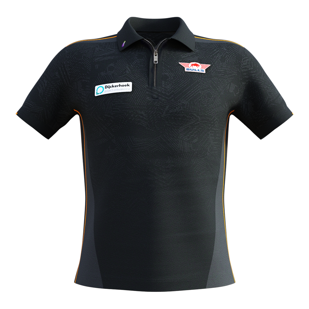Bulls NL Dirk Van Duijvenbode match shirt 2025 Das Bild zeigt ein schwarzes Matchshirt mit kurzen Ärmeln und orangefarbenen Akzenten. Auf der Brust sind das Bulls NL Logo und ein Sponsorenaufnäher zu sehen.