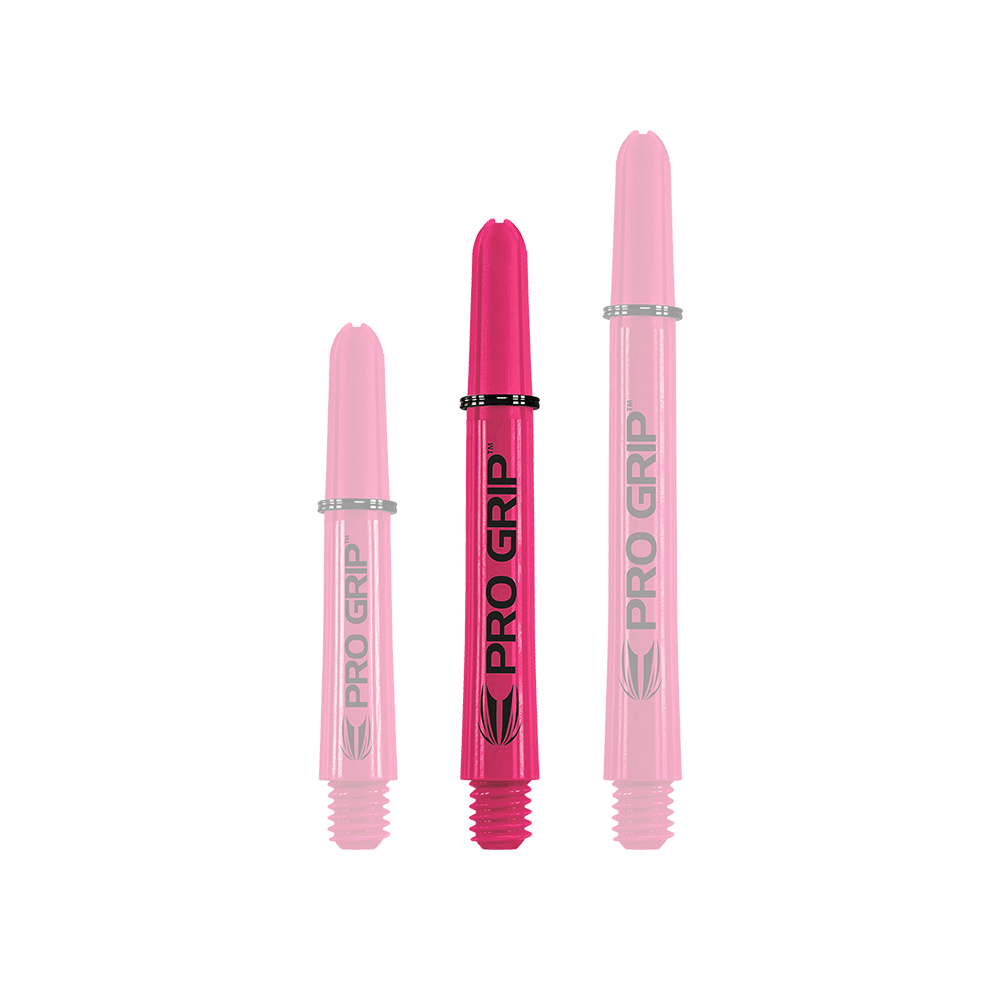 110856_Target_Pro_Grip_Shafts_Pink_41mm_1 Das Bild zeigt drei pinke Pro Grip Shafts für Darts in verschiedenen Längen. Auf jedem Schaft steht deutlich der Schriftzug "PRO GRIP".