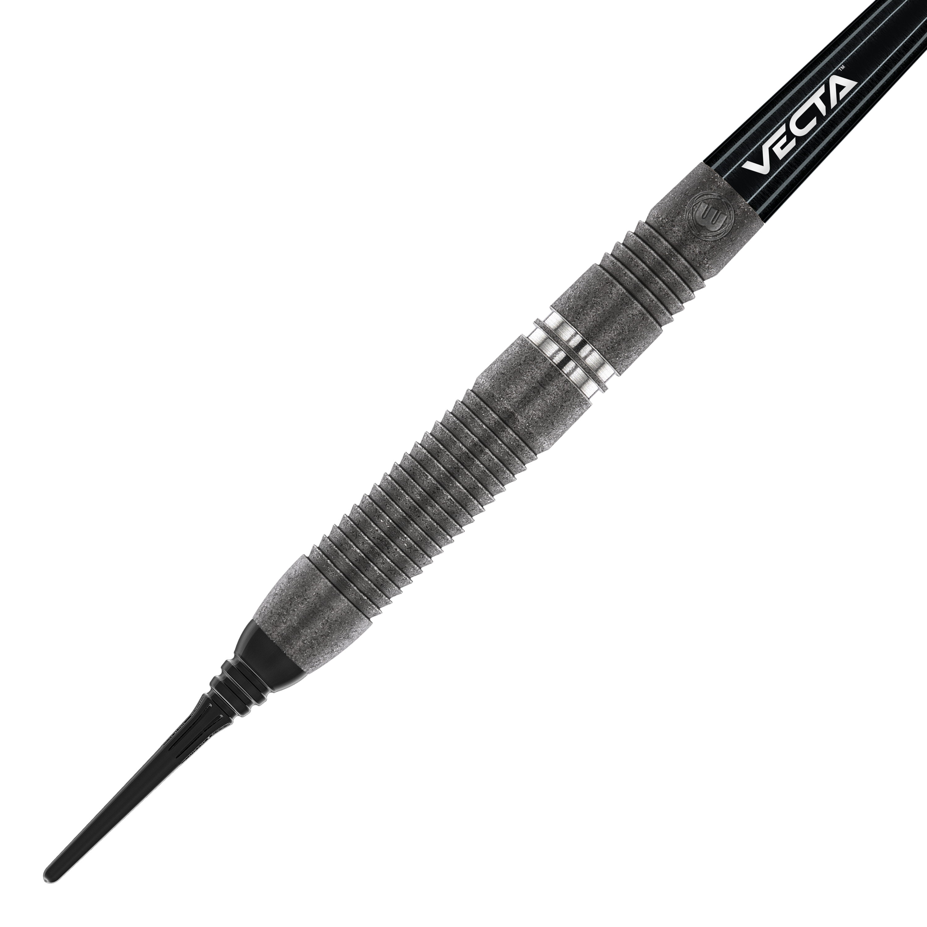 Winmau Callisto 03 soft darts - 20g Das Bild zeigt einen Winmau Callisto 03 Softdart mit einem Gewicht von 20g. Der Dart hat ein modernes, schwarzes Design mit silbernen Ringen und strukturierter Griffzone.