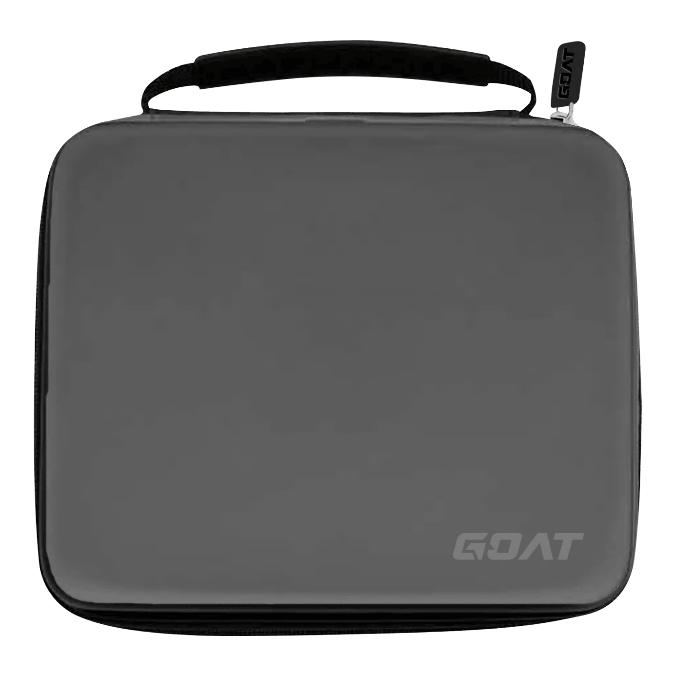 Auf dem Bild ist ein graues Etui mit einem Griff und einem Reißverschluss zu sehen. In der rechten unteren Ecke befindet sich das Logo „GOAT“.