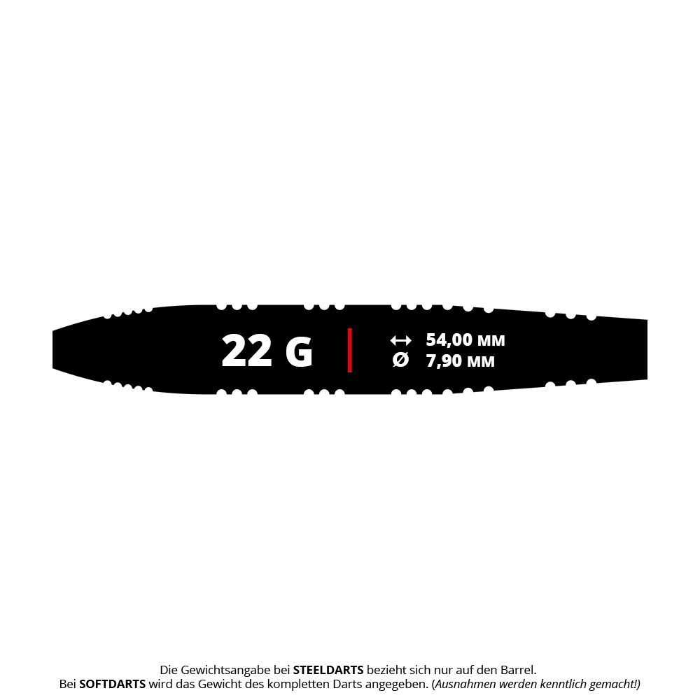 Mission Javan Brass Steel Darts - 22g Das Bild zeigt die Maße und das Gewicht des Produkts "Mission Javan Brass Steeldarts - 22g". Der Dart wiegt 22 Gramm, ist 54,00 mm lang und hat einen Durchmesser von 7,90 mm.