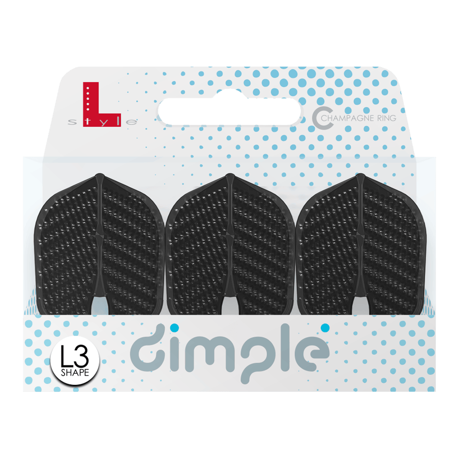 L-Style Flights Dimple Champagne L3PRO Shape Das Bild zeigt eine Packung mit drei schwarzen L-Style Flights Dimple im L3PRO Shape. Die Verpackung ist weiß mit blauen Punkten und der Aufschrift „dimple“.