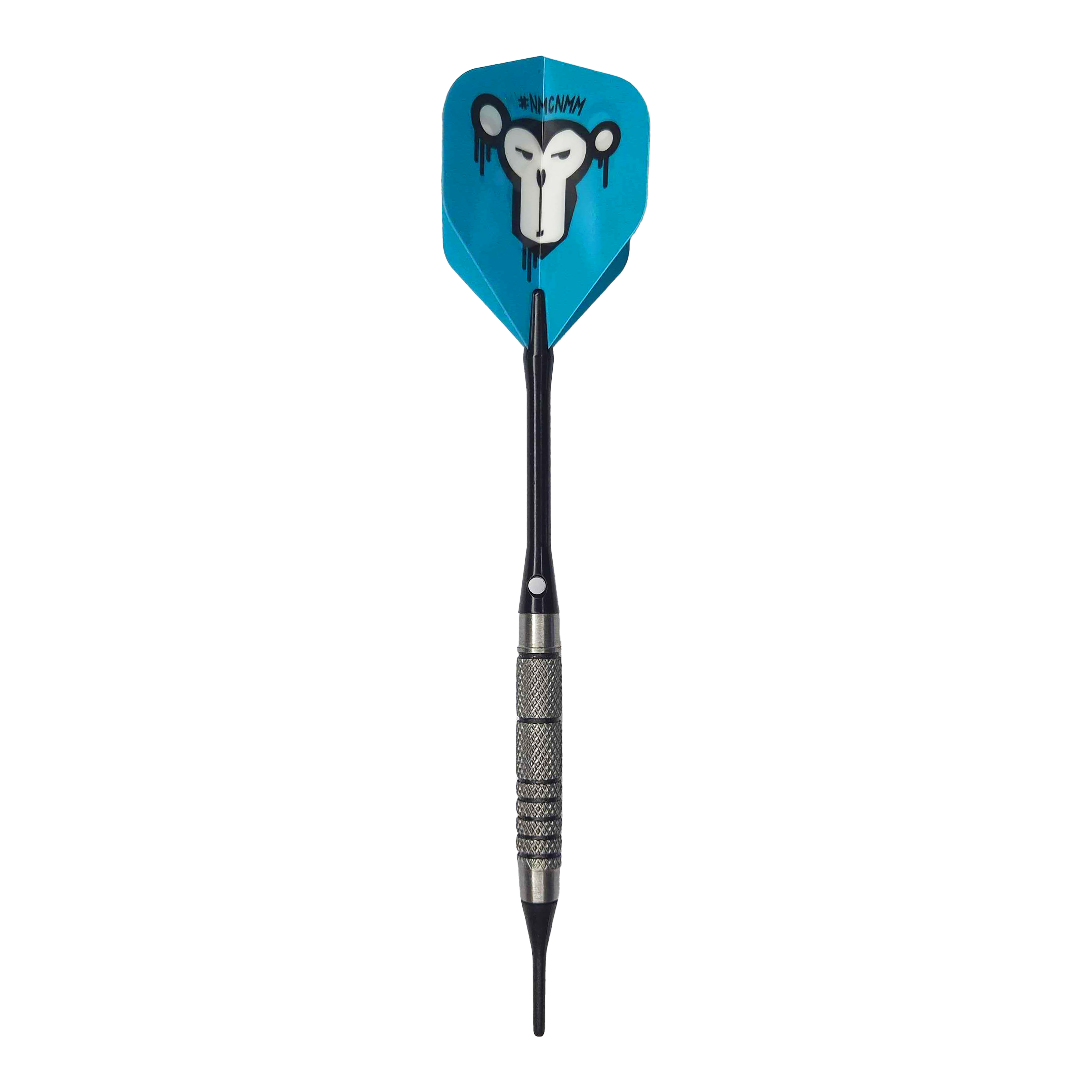 McDart 85 Tungsten V10 Soft Darts - 17.5g Der McDart 85er Tungsten V10 Softdart wiegt 17,5 Gramm und hat einen schwarzen, geriffelten Griff. Die blaue Flight zeigt ein Affengesicht mit künstlerischem Design.