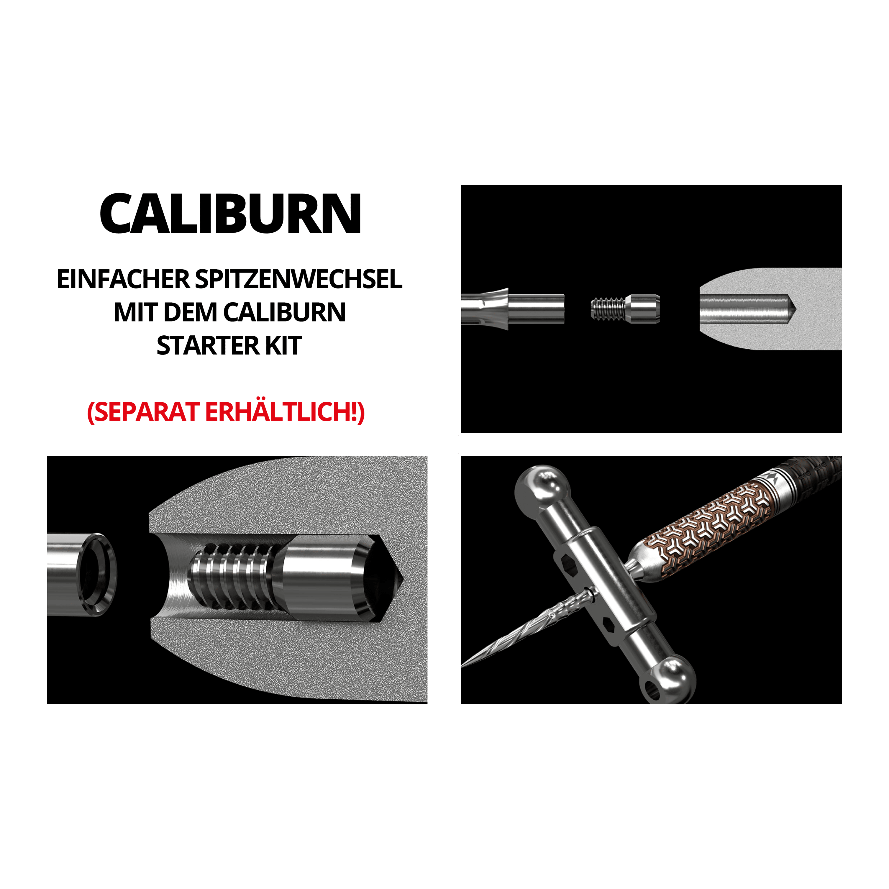 Das Bild zeigt eine Montageanleitung für ein spezielles Steeldartspitzen-System. Es illustriert die einzelnen Bauteile und Werkzeuge sowie deren Zusammenbau.