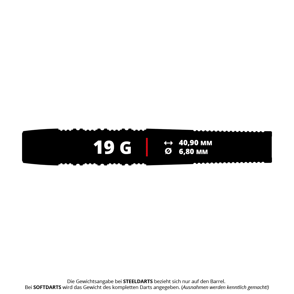 Target Stephen Bunting 95K Soft Darts - 19g Das Bild zeigt die Produktdaten der Target Stephen Bunting 95K Softdarts mit einem Gewicht von 19 Gramm. Die Länge beträgt 40,90 mm und der Durchmesser 6,80 mm.