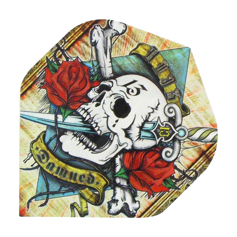 ALC4_Alchemy_Damned_Standard_Flights_1 Das Bild zeigt ein buntes Design mit einem Totenkopf, zwei roten Rosen und einem Dolch. Auf einem gelben Banner steht das Wort „Damned“.