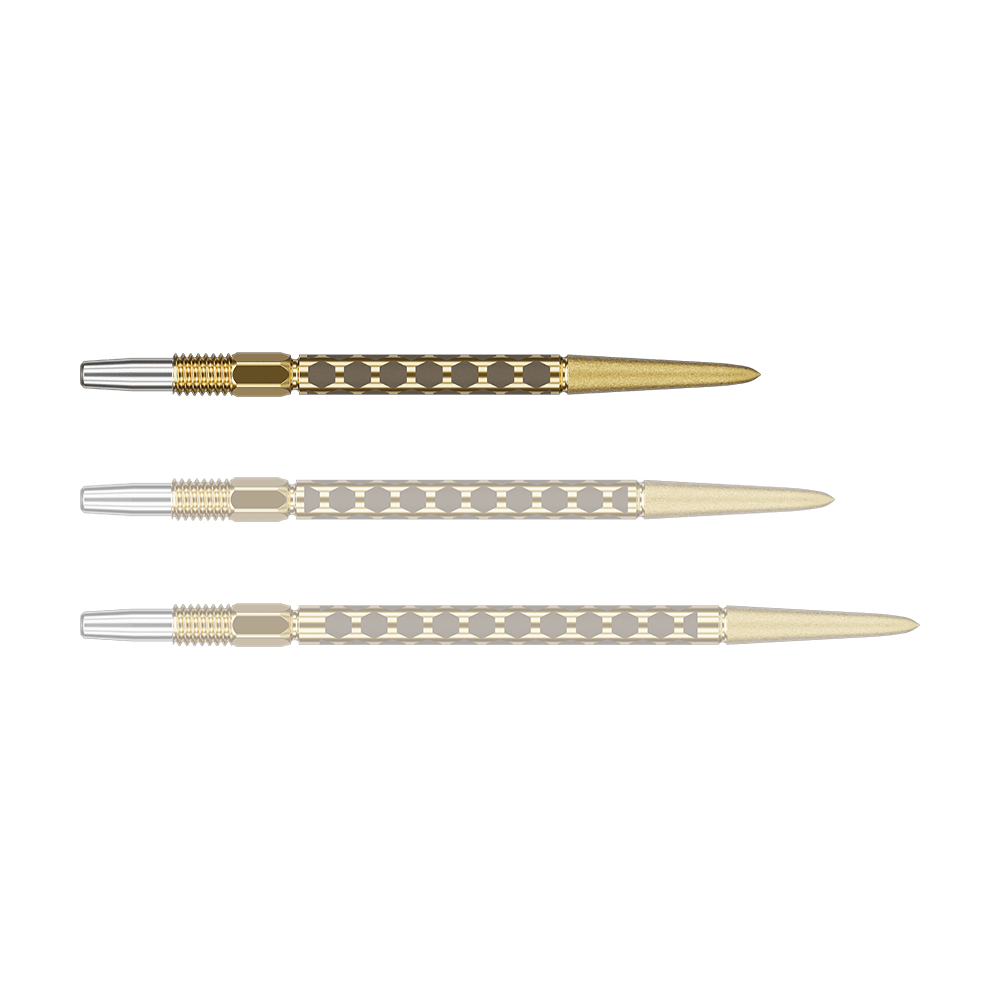 Target Swiss FLT Point Dart Tips - Gold Eine kurze goldene Dartspitze wird einzeln dargestellt. Sie liegt quer auf hellem Hintergrund.