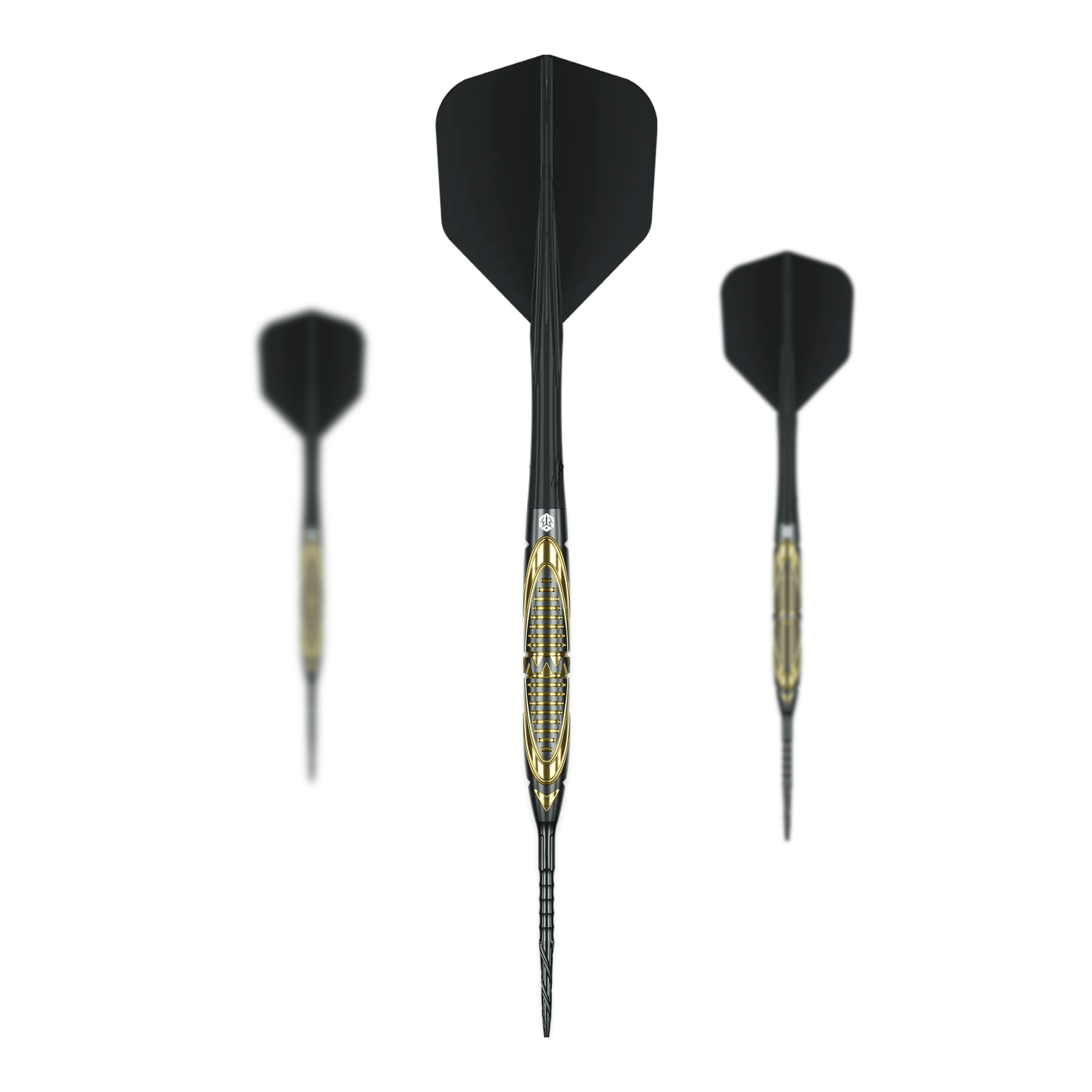 Caliburn Halo H2 steel darts - 22.5g Auf dem Foto sind die Caliburn Halo H2 Steeldarts - 22,5g als komplettes Set zu sehen. Die Steeldarts liegen nebeneinander angeordnet.