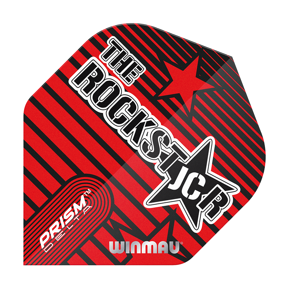 6915-227_Winmau_Prism_Delta_Joe_Cullen_Rockstar_Standard_Flights_11KrQ2Y5MWWq6E Das Bild zeigt ein Dartflight mit einem roten und schwarzen Streifendesign. Darauf stehen die Wörter "THE ROCKSTAR", "PRISM DELTA" und "WINMAU".