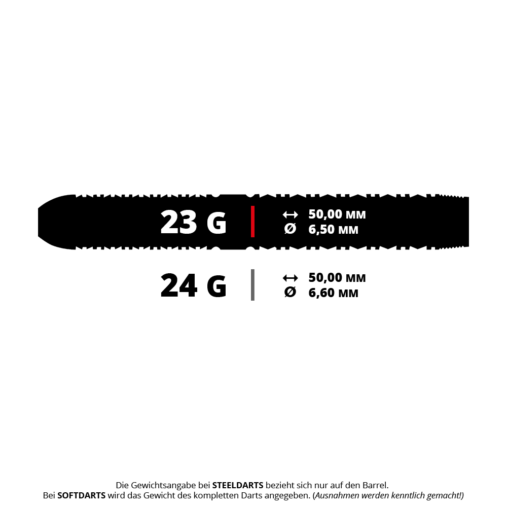 Shot Niels Zonneveld V2 steel darts Das Bild zeigt die technischen Daten von Steeldarts mit den Gewichten 23 g und 24 g. Die Länge beträgt jeweils 50,00 mm, der Durchmesser 6,50 mm bzw. 6,60 mm.