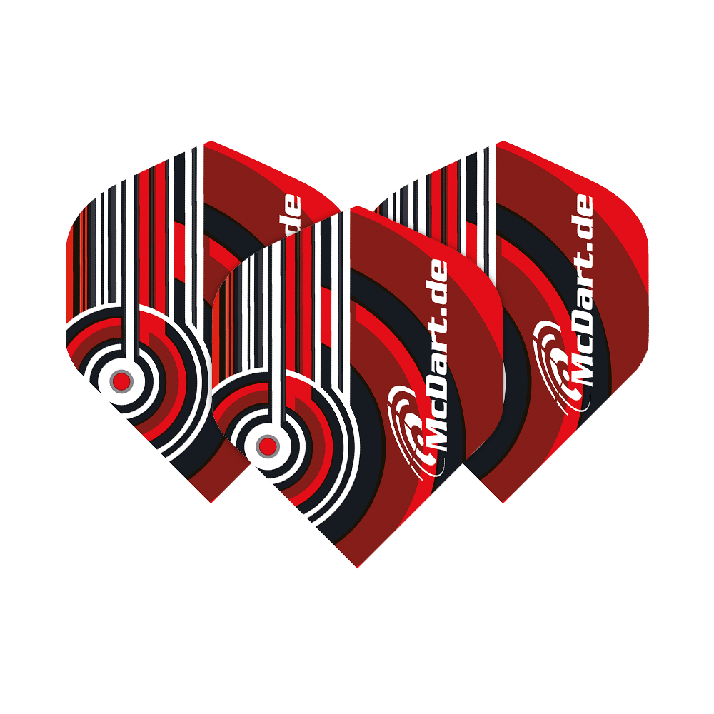 McDart Design V4 Standard Flights Das Bild zeigt die McDart Design V4 Standard Flights in einem auffälligen roten, schwarzen und weißen Muster. Die Flights tragen den Schriftzug "McDart.de" und haben ein modernes, geometrisches Design.
